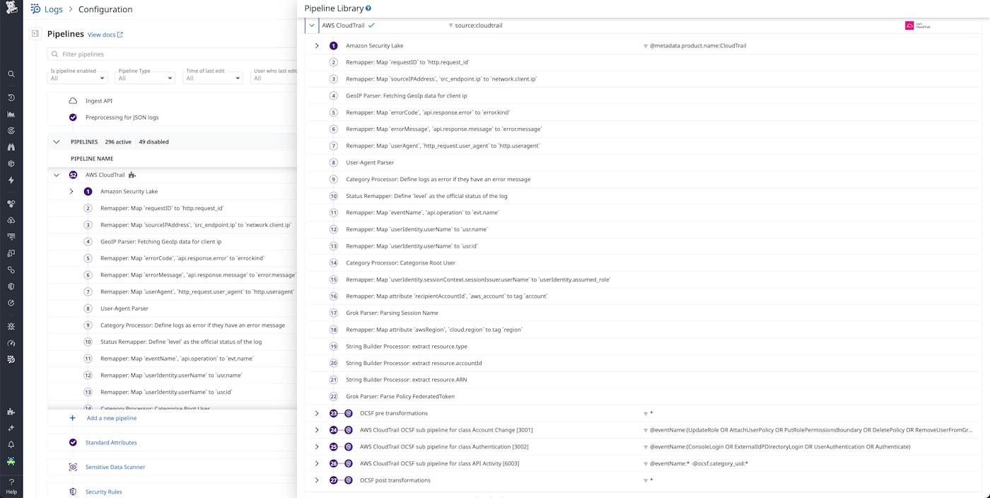 Datadog log pipeline configuration for AWS CloudTrail with Amazon Security Lake and OCSF parsing and enrichment steps. Datadog log pipeline configuration for AWS CloudTrail with Amazon Security Lake and OCSF parsing and enrichment steps.