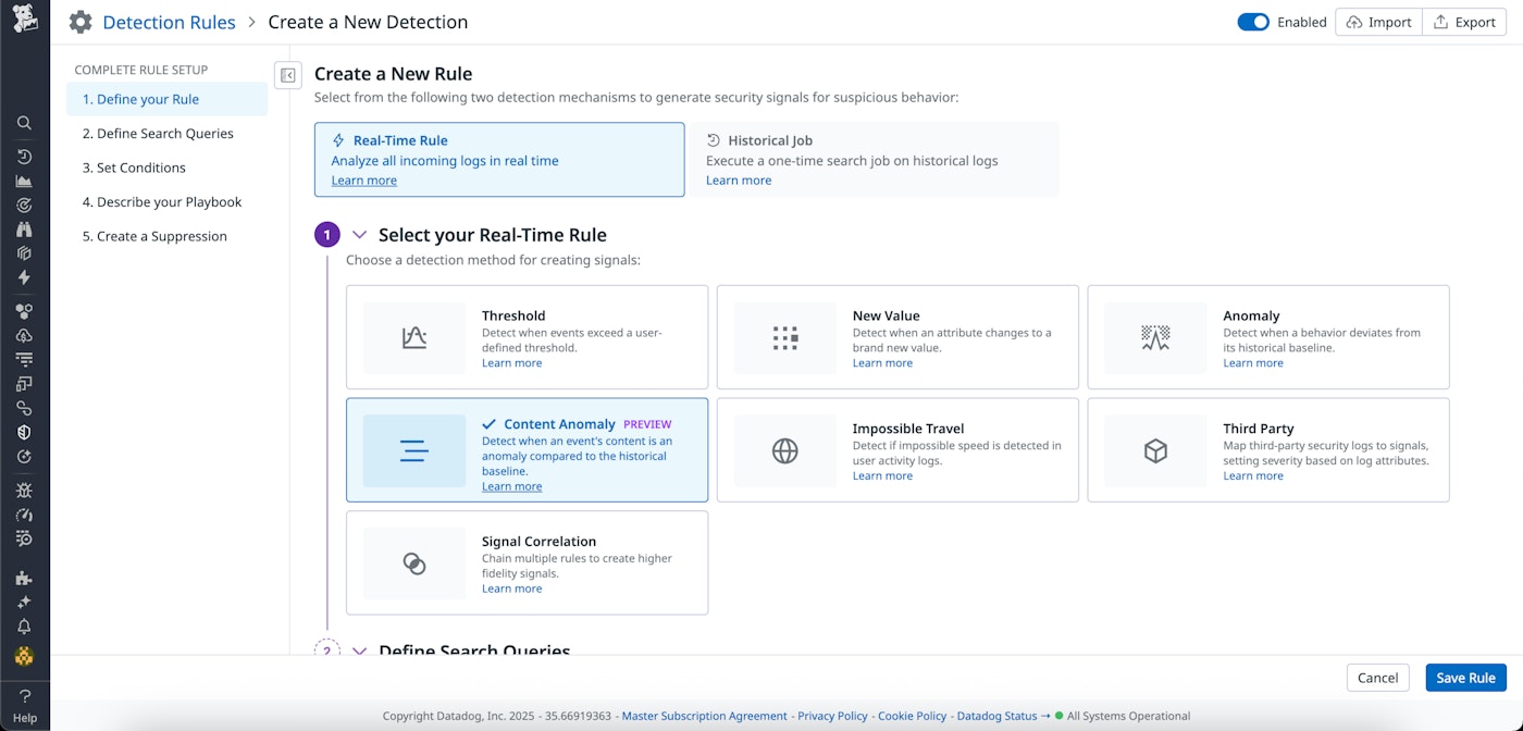 Datadog detection rule setup screen highlighting the content anomaly real-time rule to detect deviations from historical baselines. Datadog detection rule setup screen highlighting the content anomaly real-time rule to detect deviations from historical baselines.