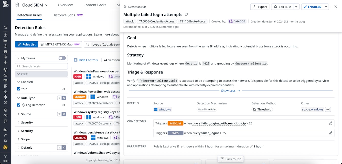 Datadog Cloud SIEM rule details panel showing logic and playbook for detecting primary email updates via suspicious CloudTrail API activity. Datadog Cloud SIEM rule details panel showing logic and playbook for detecting primary email updates via suspicious CloudTrail API activity.