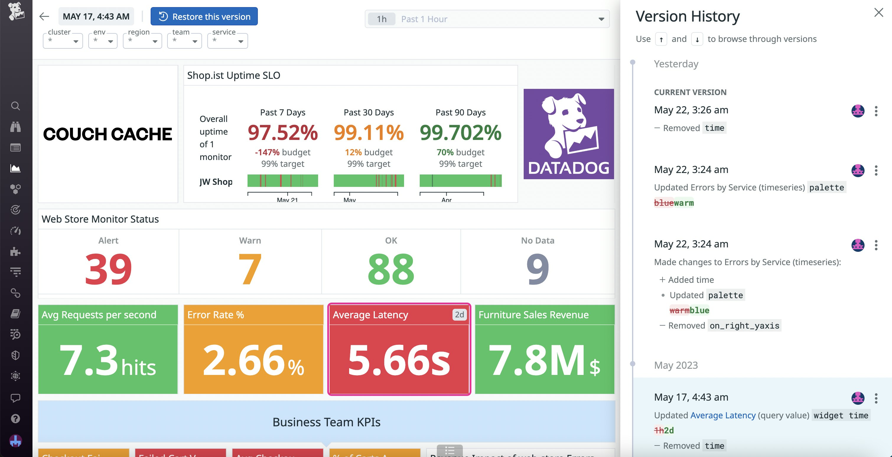 Version history on a dashboard, showing a version with an updated widget. Version history on a dashboard, showing a version with an updated widget.