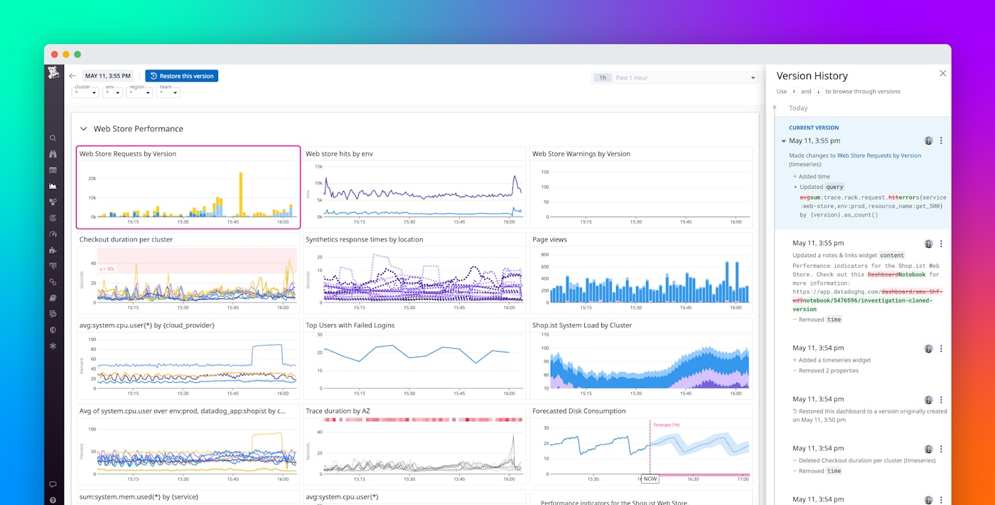 Track changes to Datadog dashboards and notebooks with version history Track changes to Datadog dashboards and notebooks with version history
