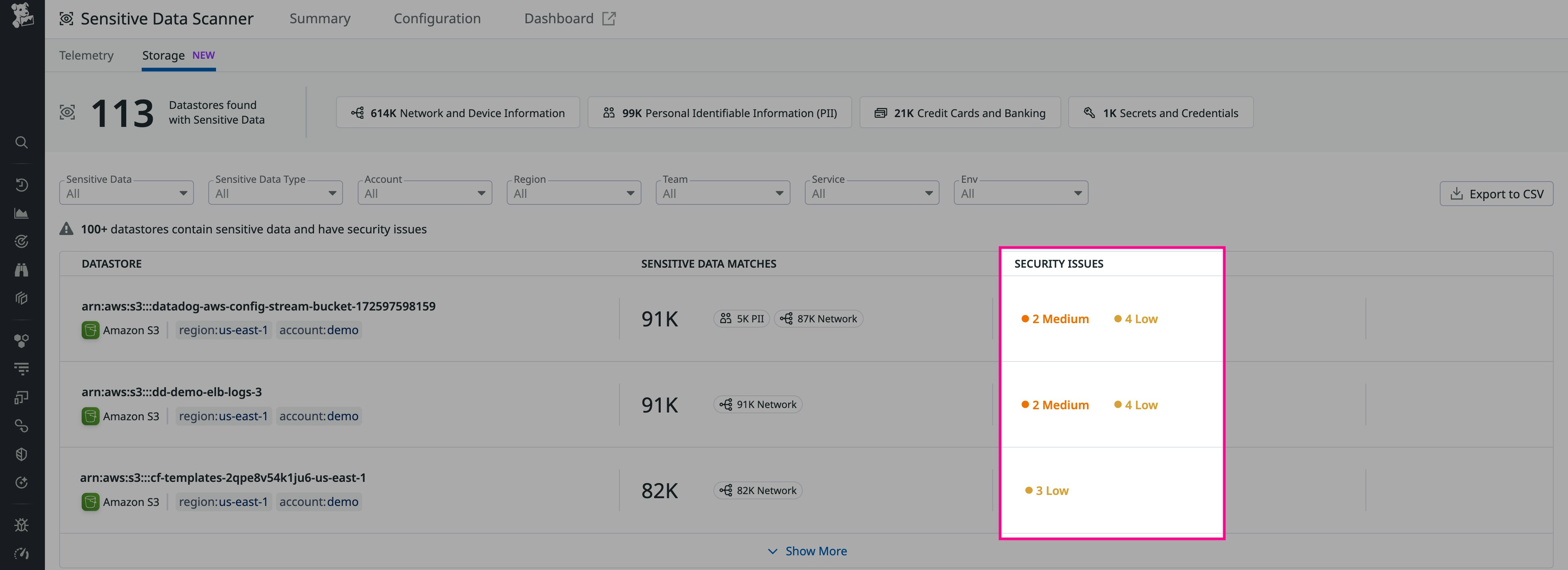 Quickly find data stores containing sensitive data as well as security issues in Data Security Quickly find data stores containing sensitive data as well as security issues in Data Security
