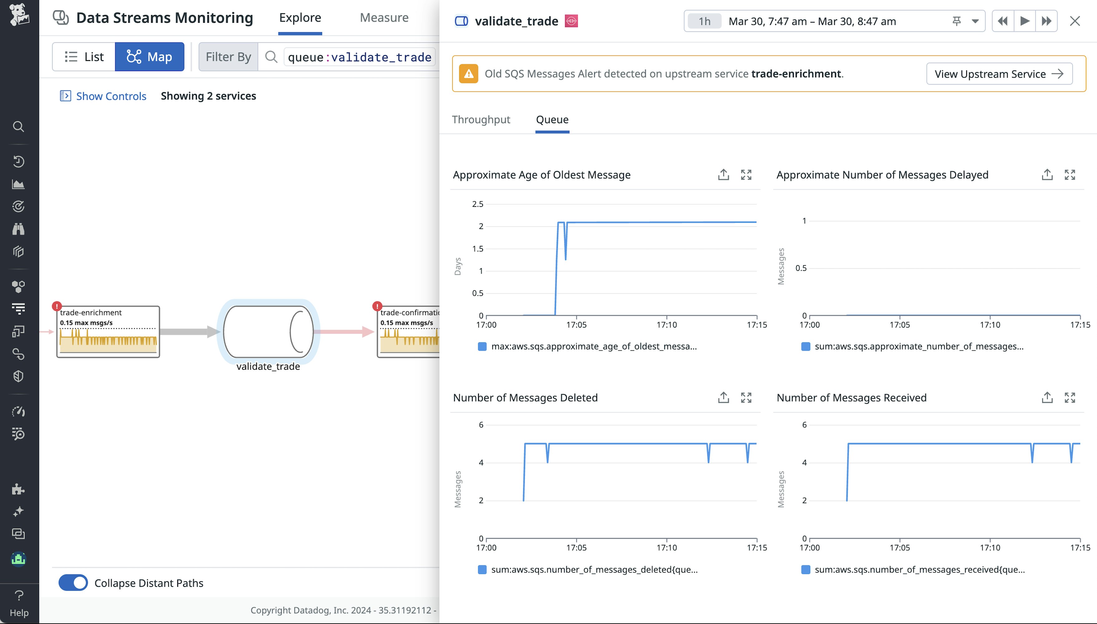 Select any SQS queue from the DSM topology map to access a range of metrics Select any SQS queue from the DSM topology map to access a range of metrics