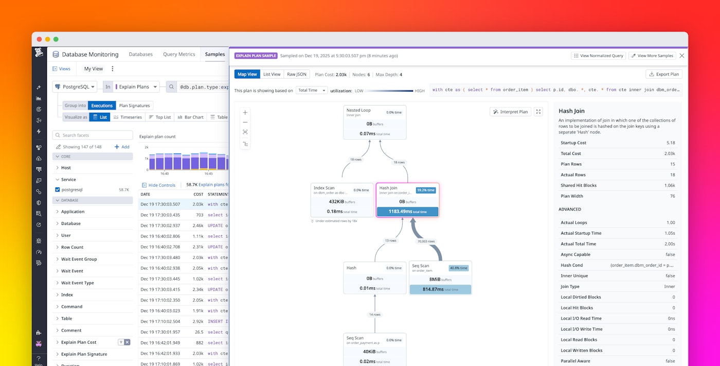Debug PostgreSQL query latency faster with EXPLAIN ANALYZE in Datadog Database Monitoring Debug PostgreSQL query latency faster with EXPLAIN ANALYZE in Datadog Database Monitoring