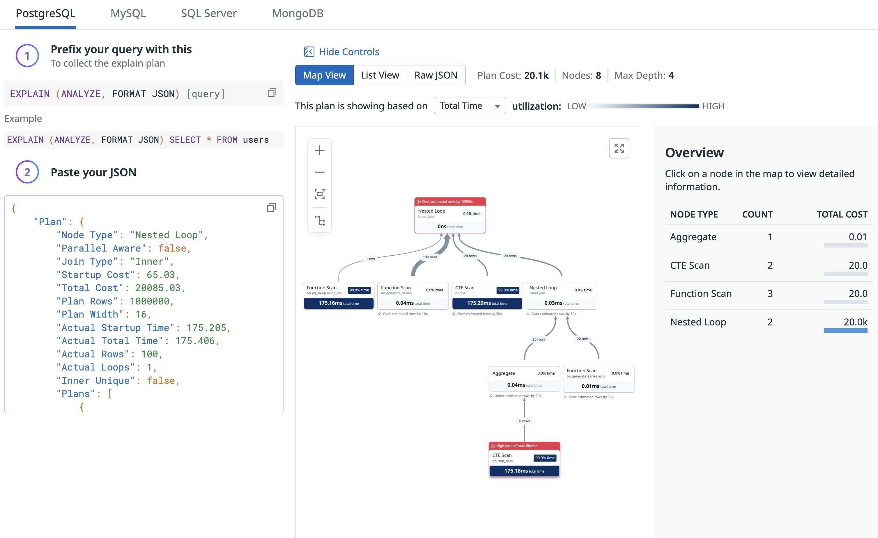 Datadog PostgreSQL EXPLAIN ANALYZE plan map highlighting nodes and costs. Datadog PostgreSQL EXPLAIN ANALYZE plan map highlighting nodes and costs.