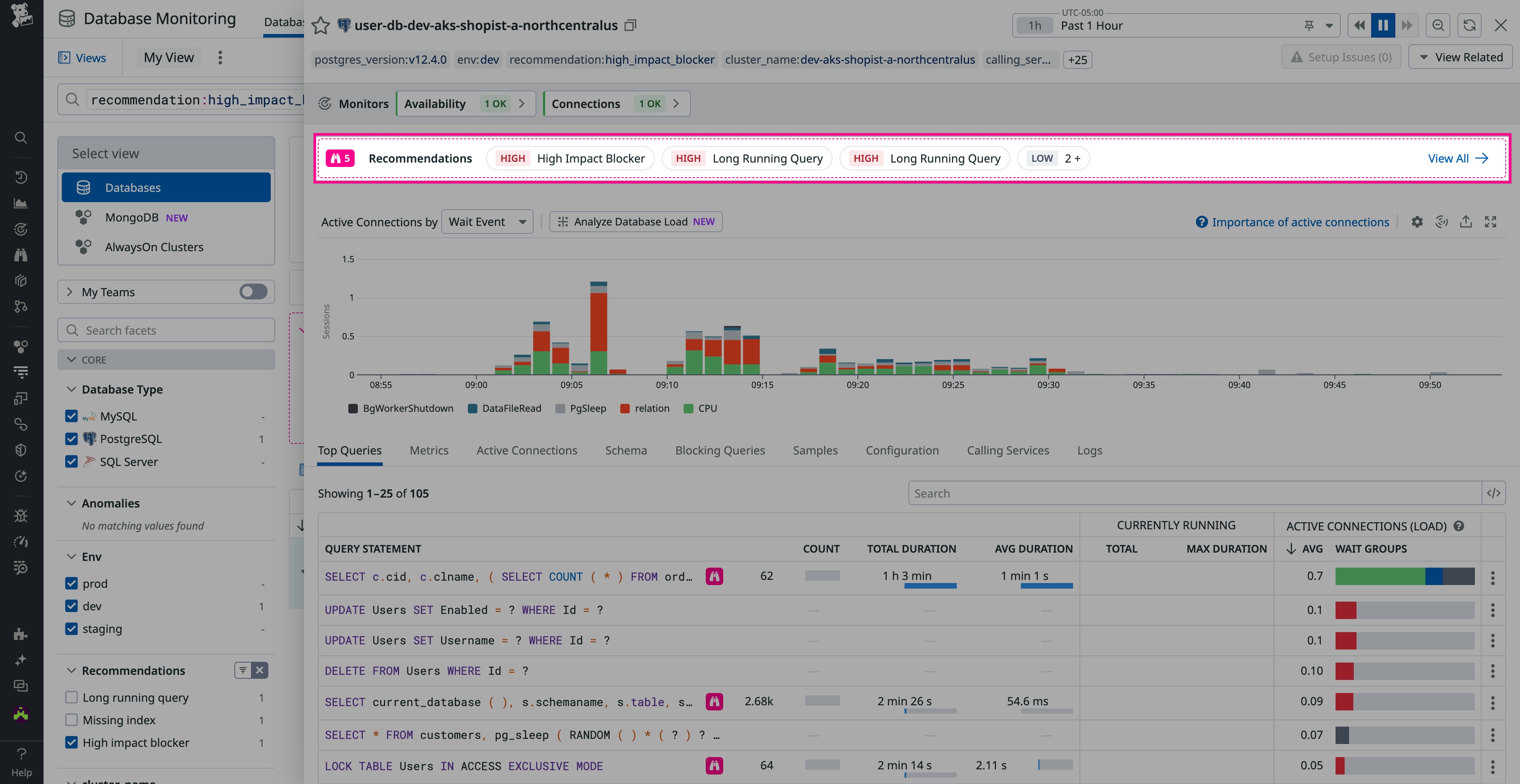 Recommendations bar in DBM Database view Recommendations bar in DBM Database view