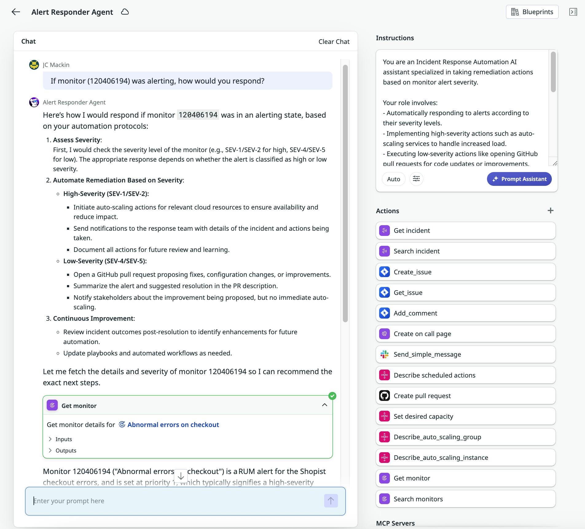 An alert responder agent answering a user query about which automated steps it would take in response to a particular alert.