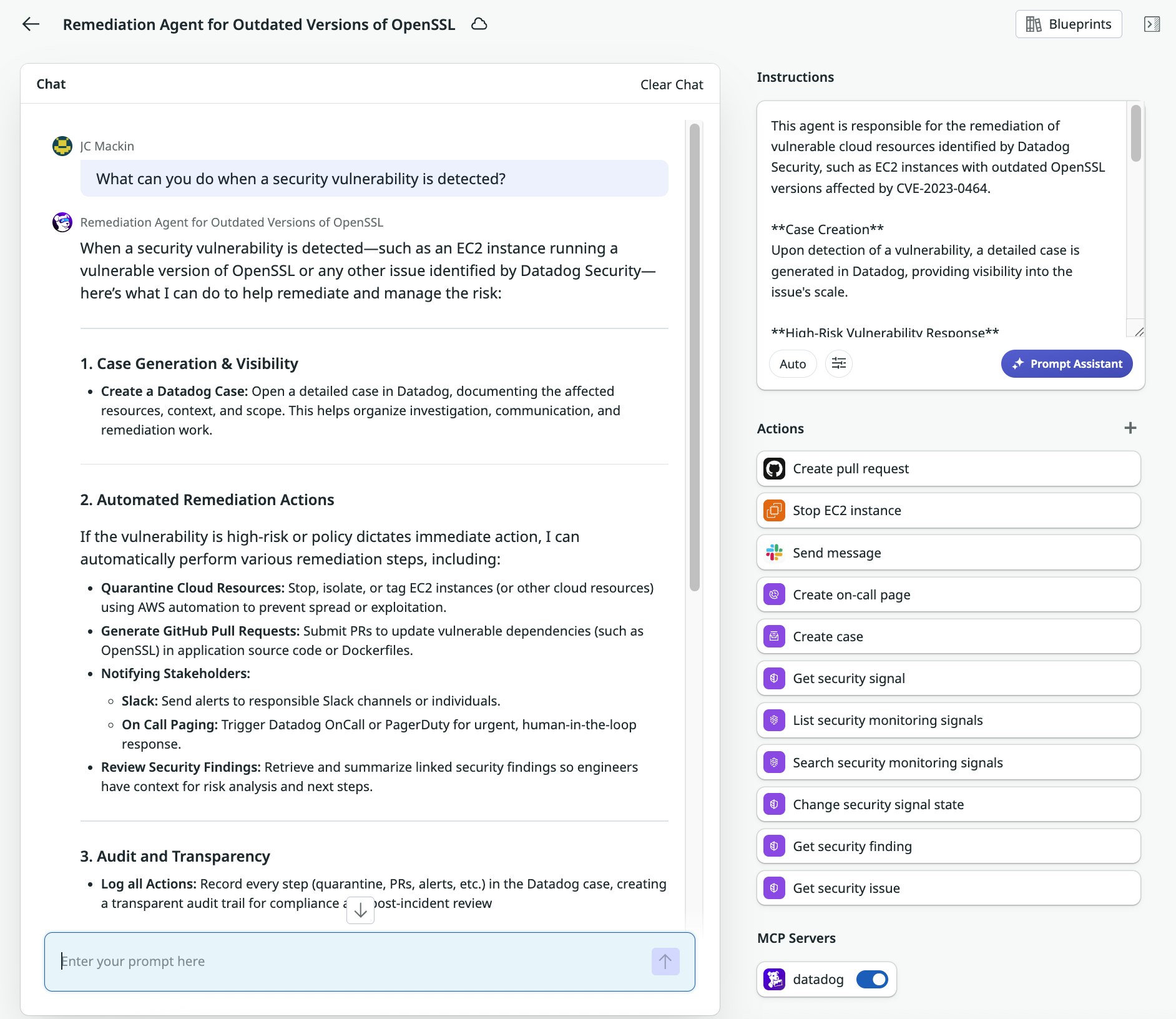 Remediation agent responding to a user query about how it would handle a detected security vulnerability. Remediation agent responding to a user query about how it would handle a detected security vulnerability.
