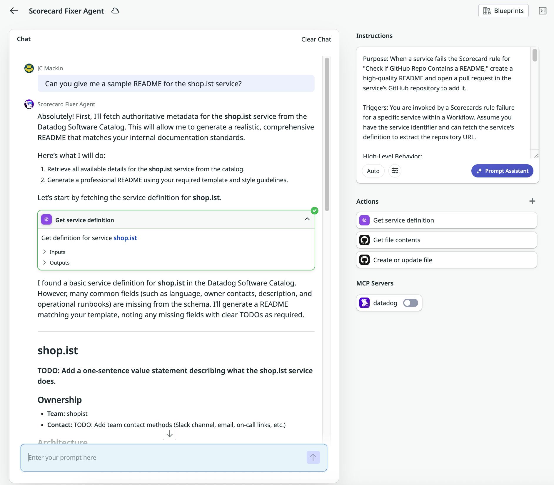 Agent responding to a user request to generate a README draft for a particular service.