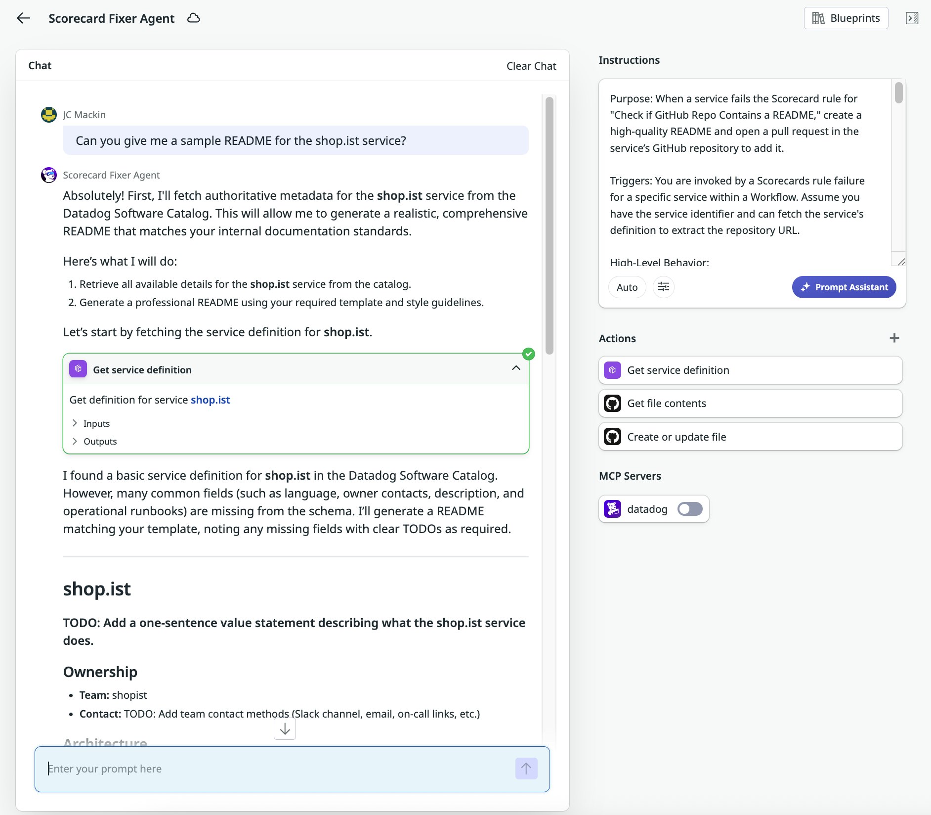 Agent responding to a user request to generate a README draft for a particular service. Agent responding to a user request to generate a README draft for a particular service.