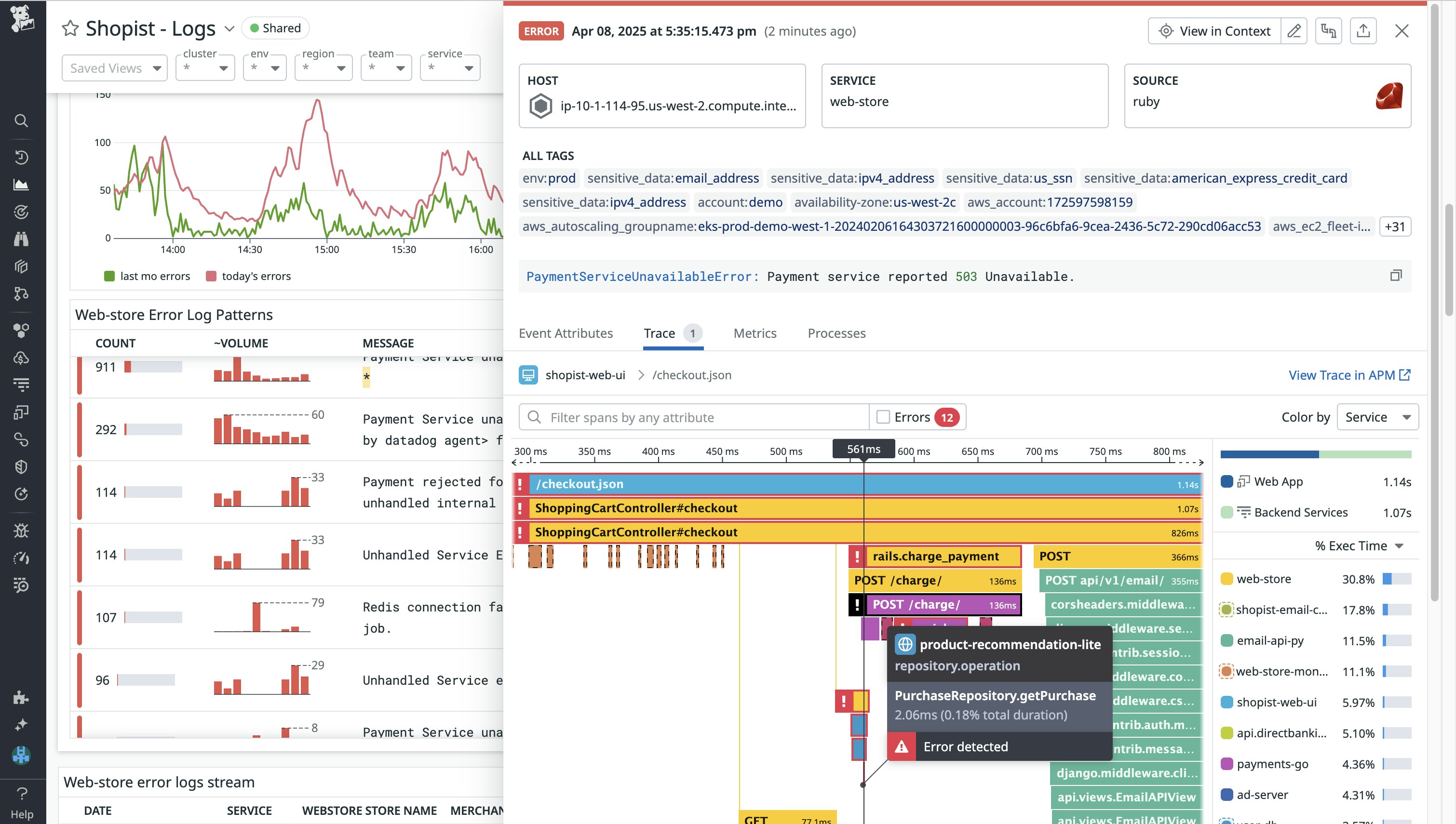 By enabling APM for the Datadog Agent, you're able to view correlated traces directly within an error log. By enabling APM for the Datadog Agent, you're able to view correlated traces directly within an error log.