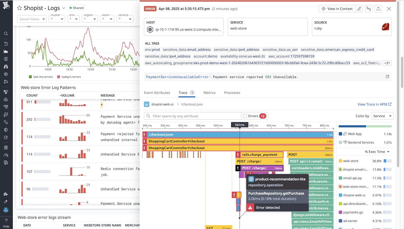 By enabling APM for the Datadog Agent, you're able to view correlated traces directly within an error log. By enabling APM for the Datadog Agent, you're able to view correlated traces directly within an error log.