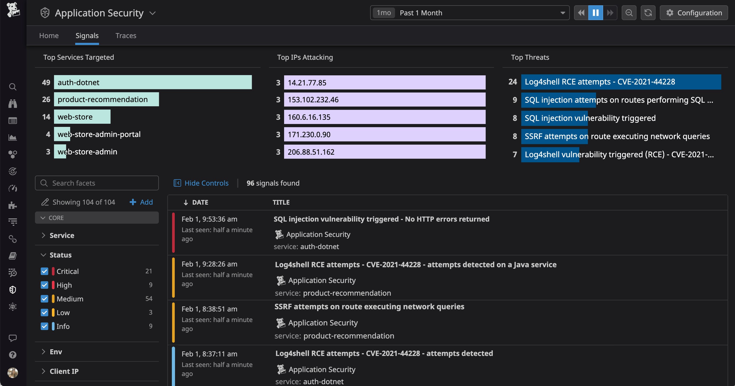 Datadog AAP generates Security Signals that can alert your team whenever threats actually exploit code-level vulnerabilities or target your application's business logic. Datadog AAP generates Security Signals that can alert your team whenever threats actually exploit code-level vulnerabilities or target your application's business logic.