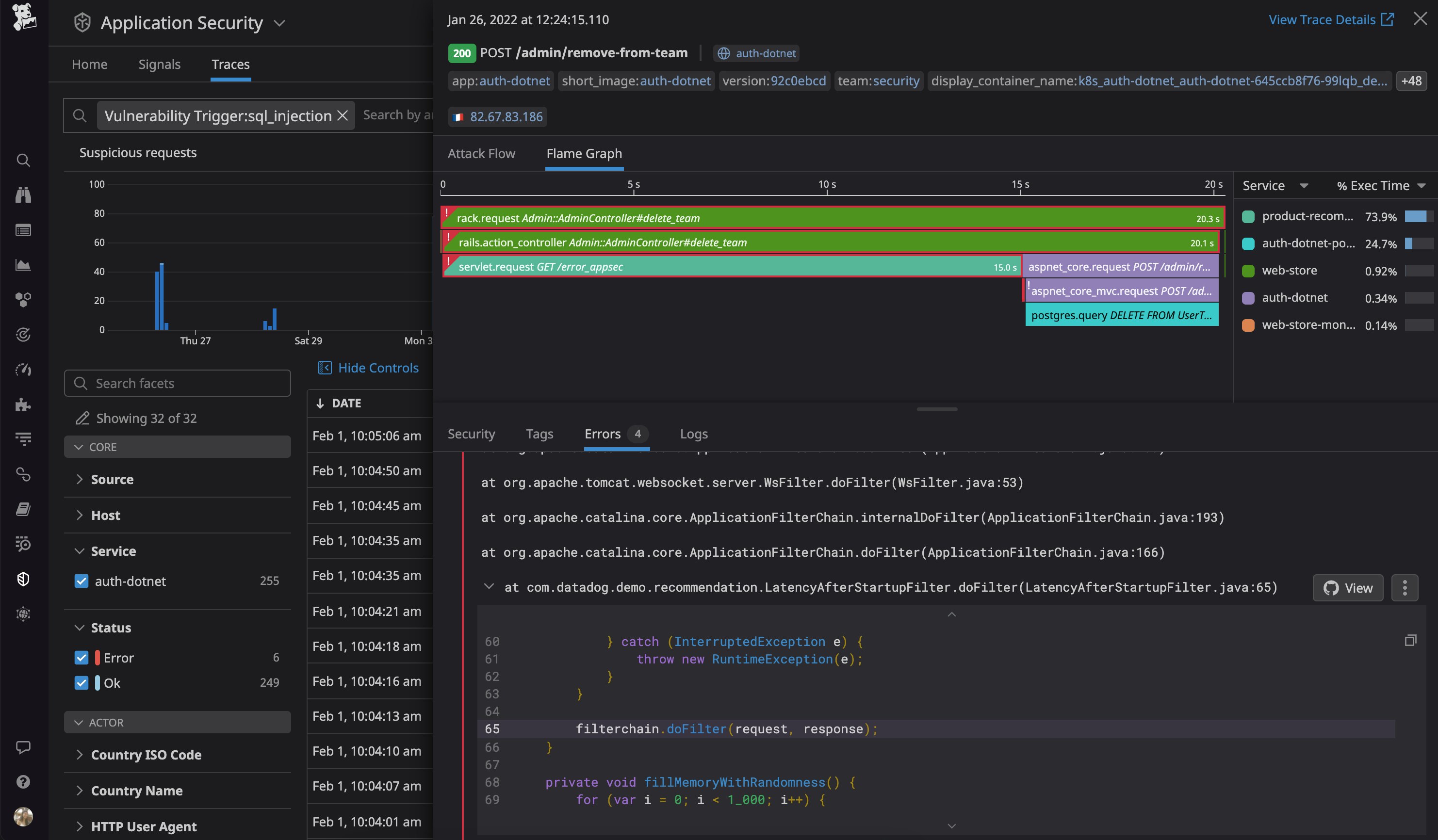 Datadog AAP gathers the runtime execution context from traces, so you can quickly identify which attacks actually triggered code-level vulnerabilities. Datadog AAP gathers the runtime execution context from traces, so you can quickly identify which attacks actually triggered code-level vulnerabilities.