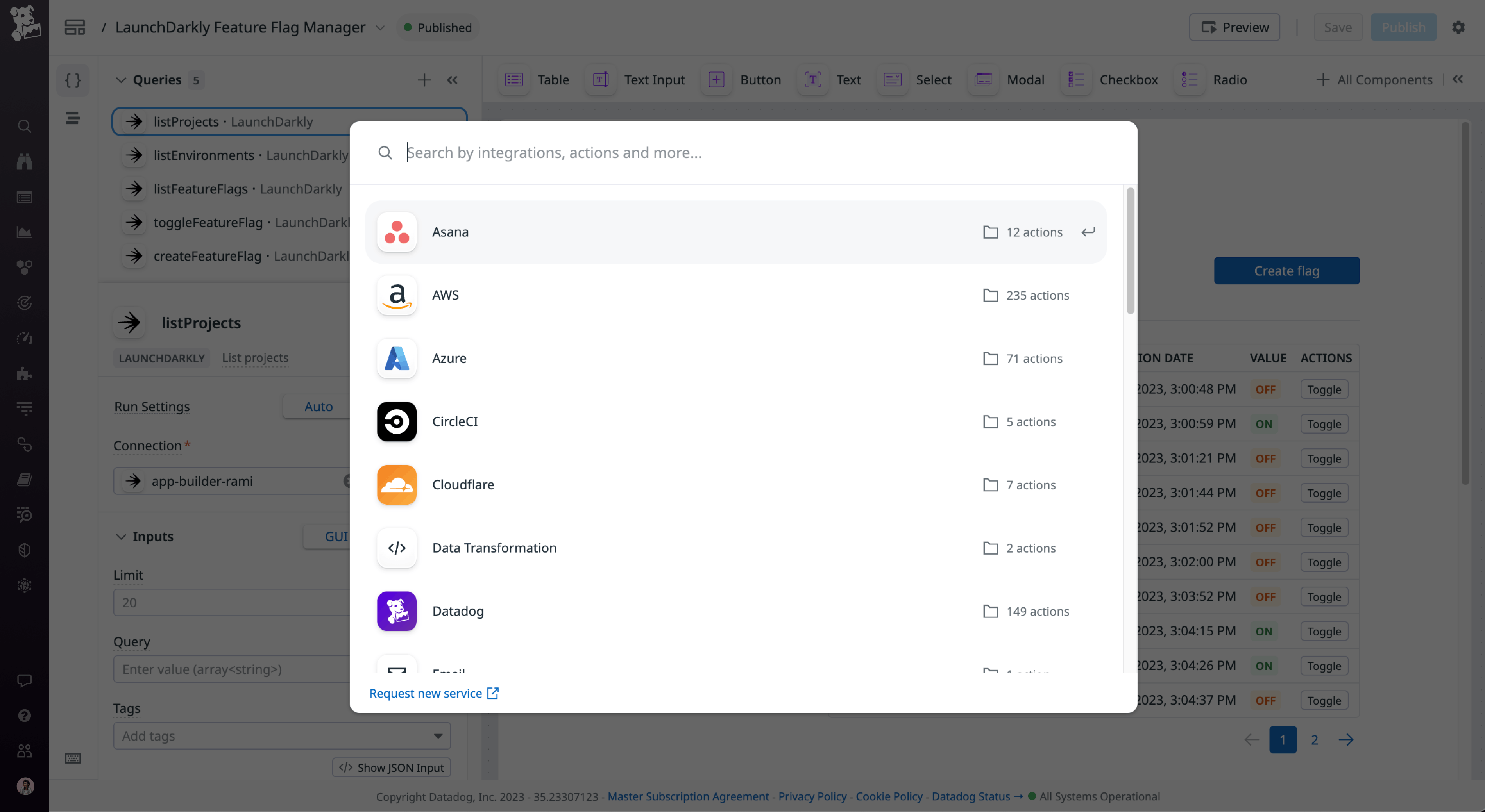 Browse for action integrations in the App Builder Action Catalog Browse for action integrations in the App Builder Action Catalog