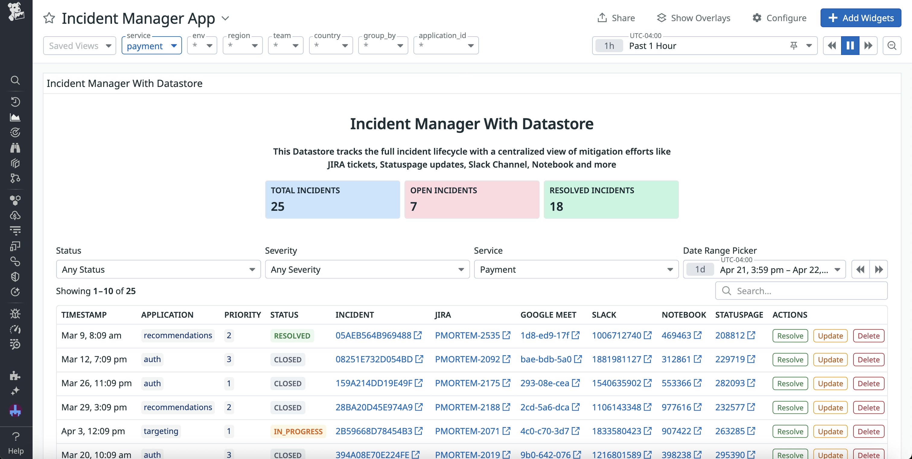 A screenshot of a custom incident manager app within Datadog. A screenshot of a custom incident manager app within Datadog.