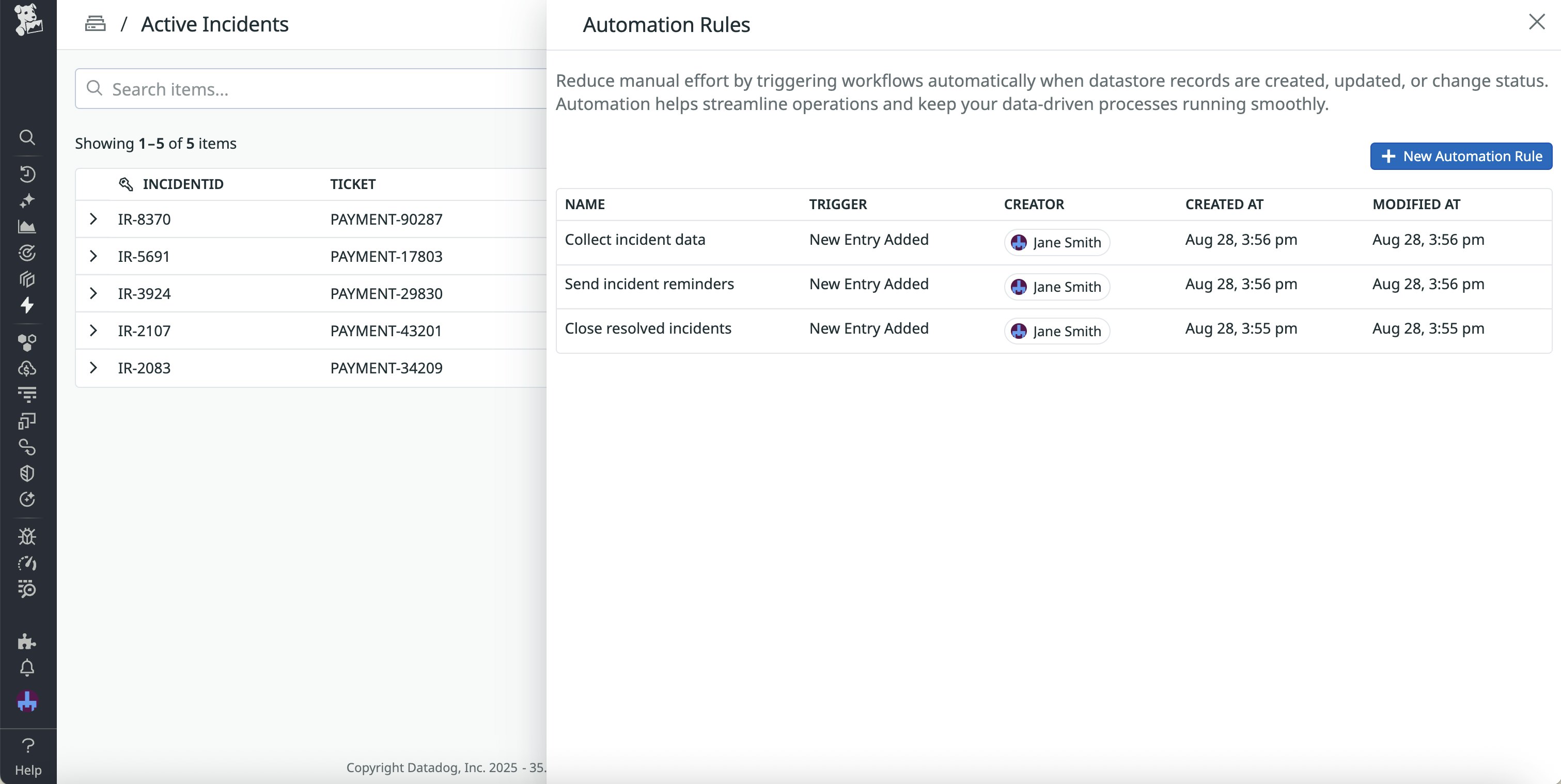 A screenshot of existing automation rules for a datastore. A screenshot of existing automation rules for a datastore.