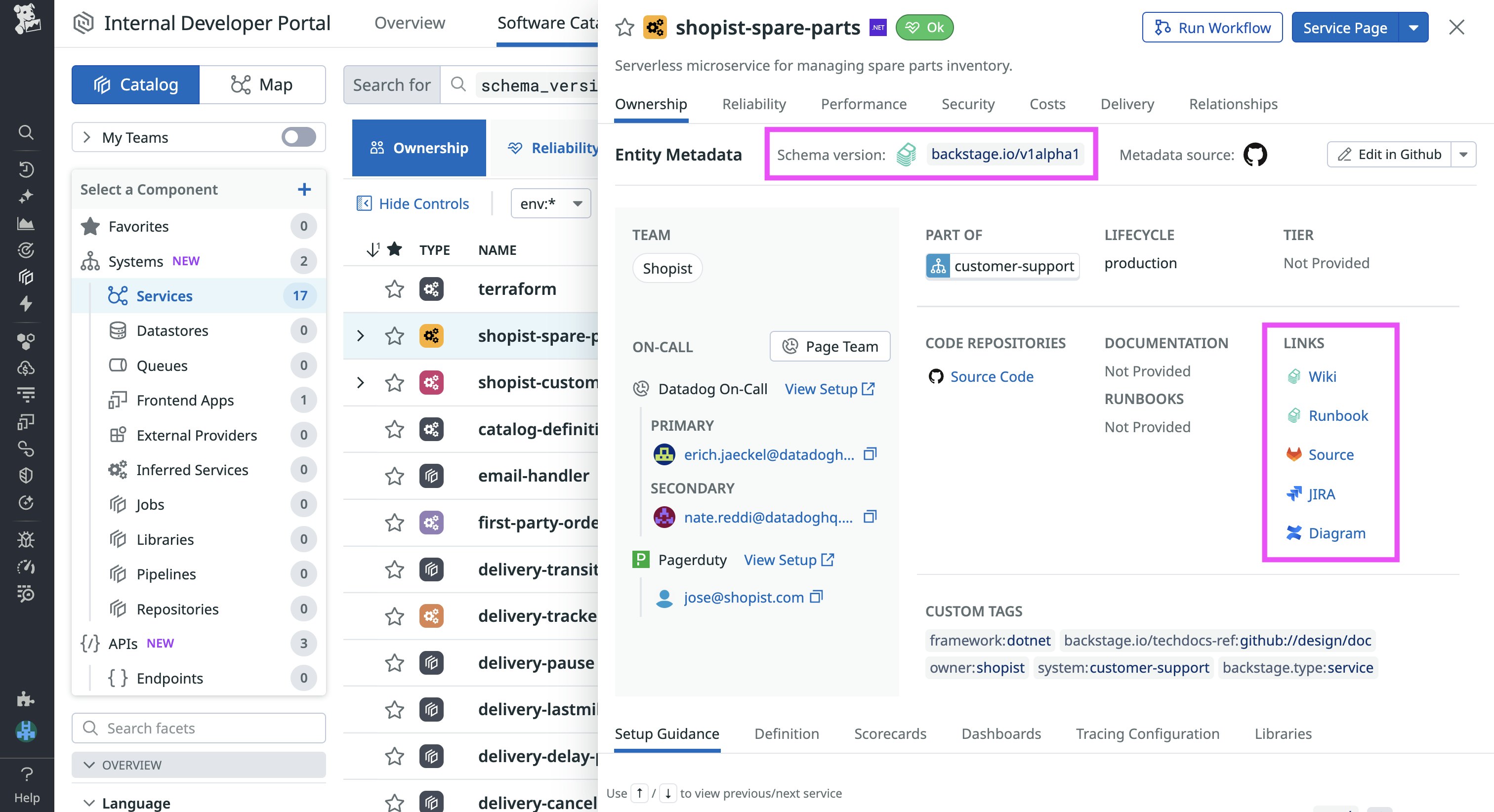 Import your Backstage services and their metadata into the Datadog Software Catalog. Import your Backstage services and their metadata into the Datadog Software Catalog.