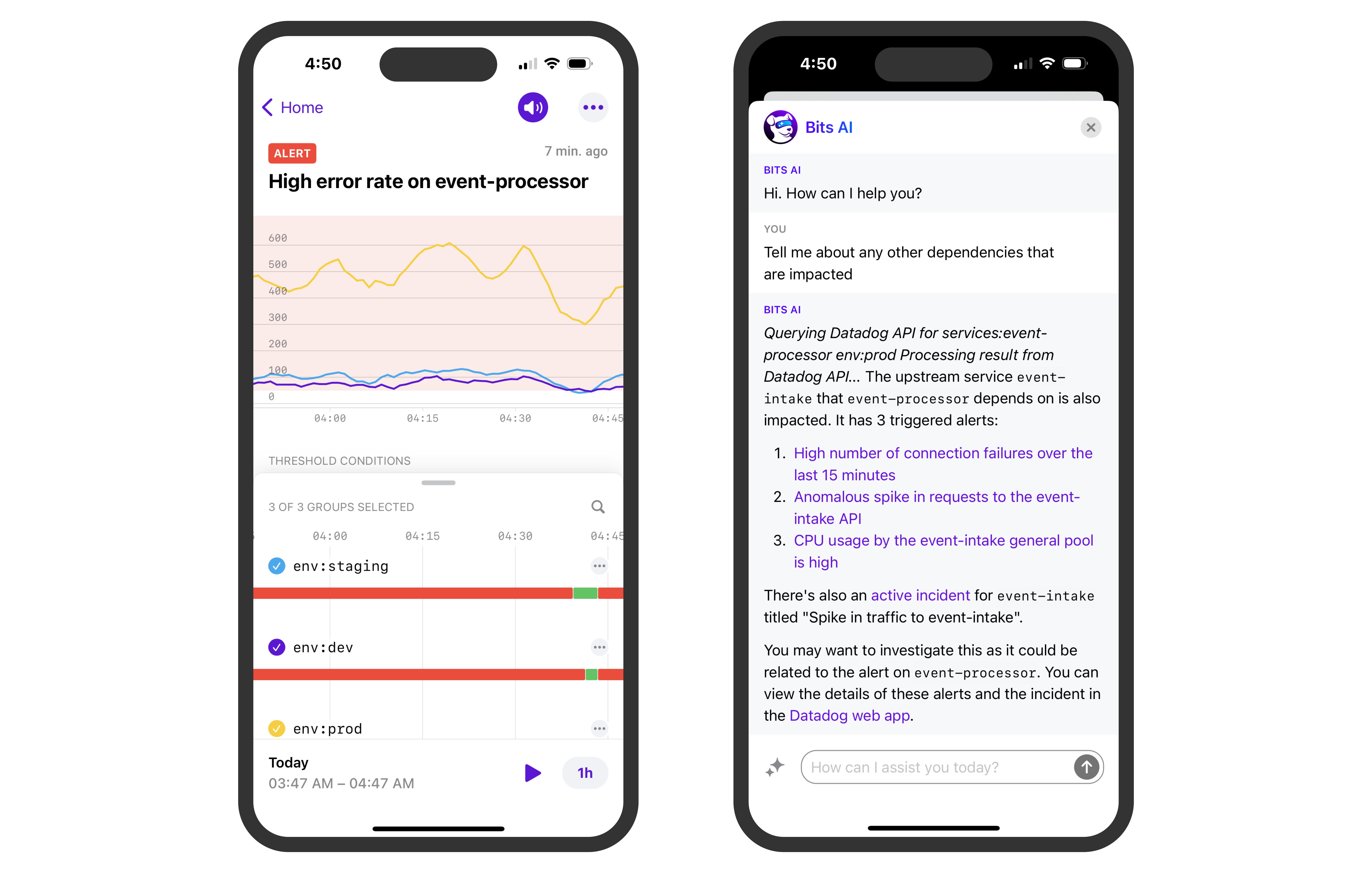 Datadog モバイルアプリの Bits AI を使って、サインオン前に問題を調査することができます。 Datadog モバイルアプリの Bits AI を使って、サインオン前に問題を調査することができます。