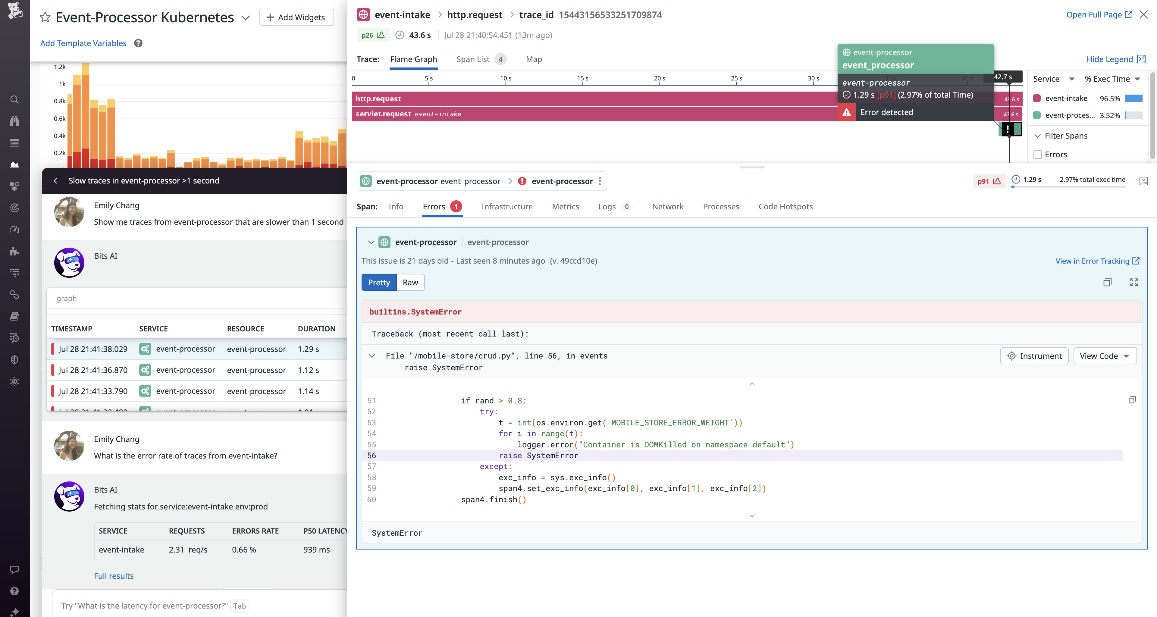 Datadog Web UI のどこからでも、Bits AI を使用して APM トレースをクエリできます。 Datadog Web UI のどこからでも、Bits AI を使用して APM トレースをクエリできます。