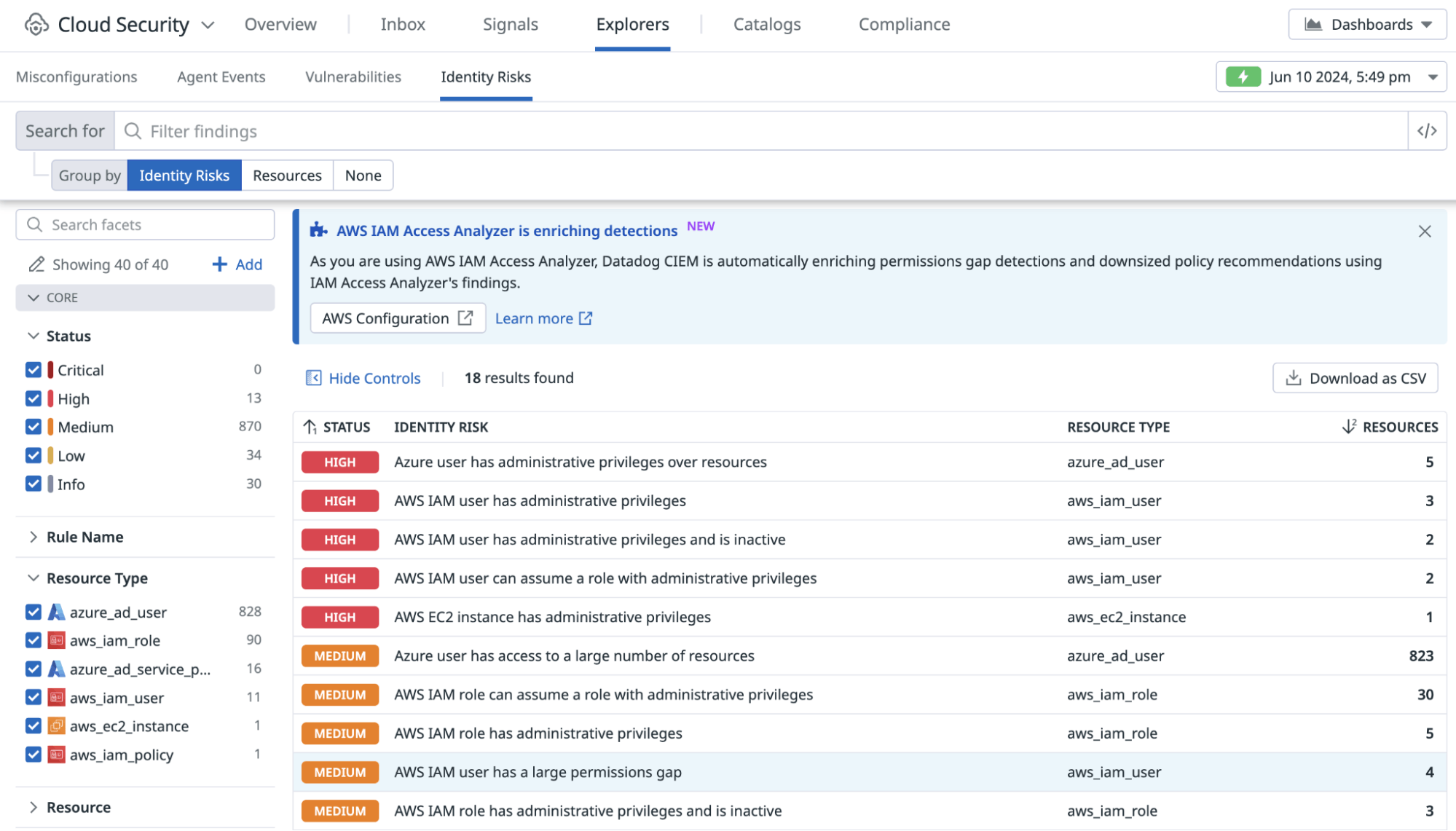 Identity Risks with AWS IAM Access Analyzer insights in Datadog Cloud Security Identity Risks Identity Risks with AWS IAM Access Analyzer insights in Datadog Cloud Security Identity Risks