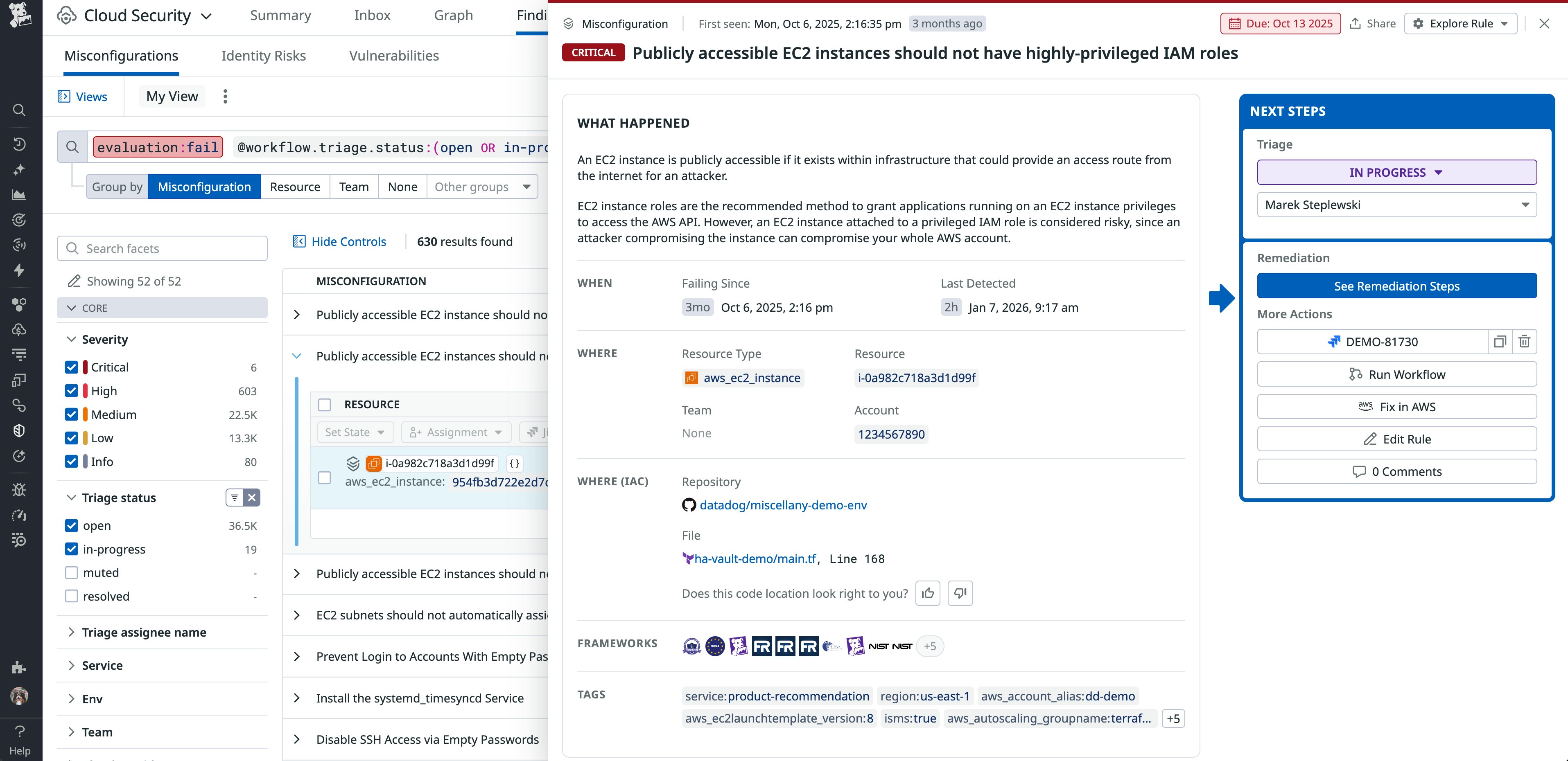 Compliance findings list showing misconfigurations mapped to frameworks and remediation guidance. Compliance findings list showing misconfigurations mapped to frameworks and remediation guidance.