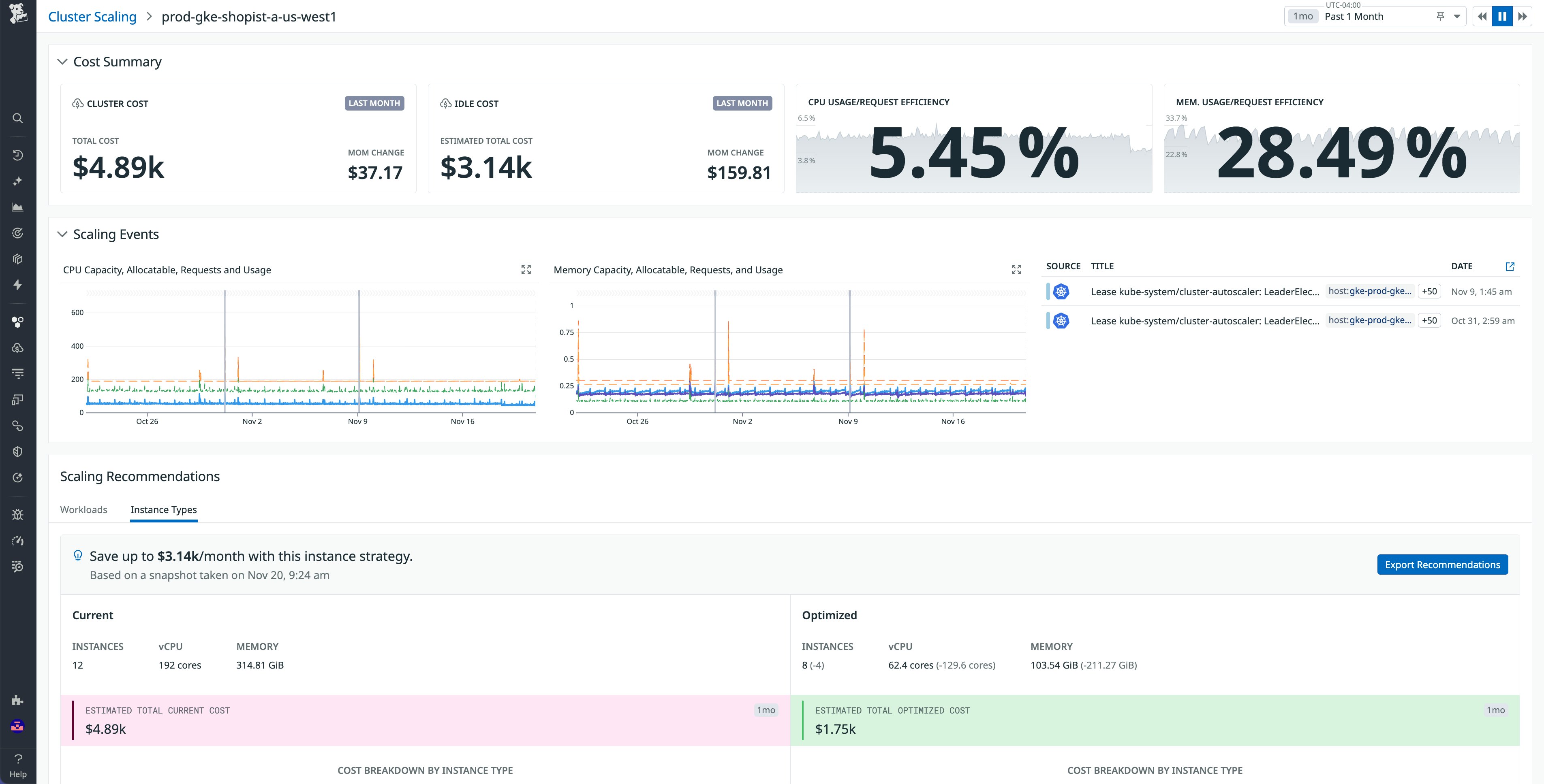 View current Kubernetes node costs alongside simulated optimized node configurations to see potential savings and affected workloads. View current Kubernetes node costs alongside simulated optimized node configurations to see potential savings and affected workloads.