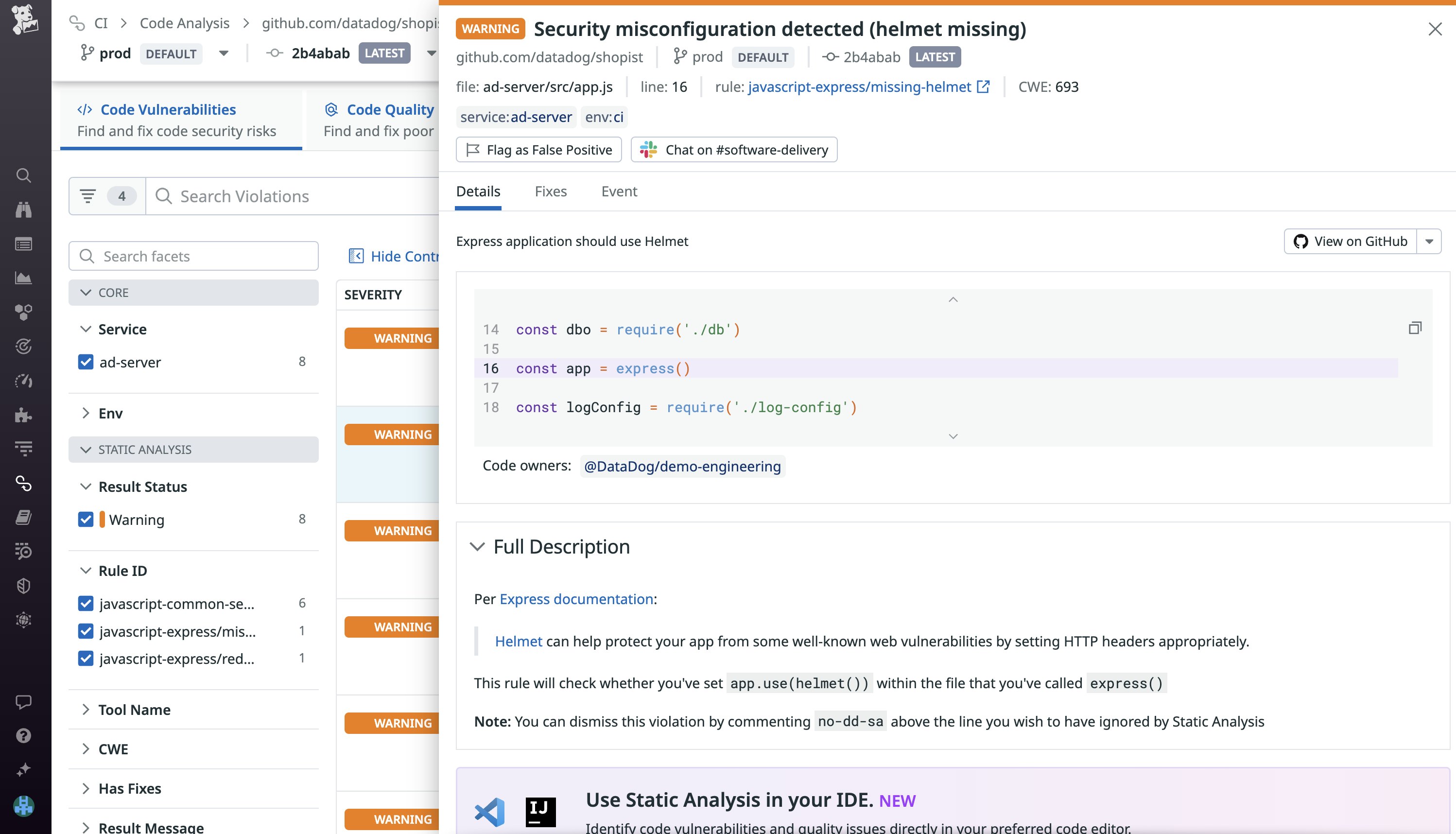 View and triage existing code violations in Datadog Code Analysis. View and triage existing code violations in Datadog Code Analysis.