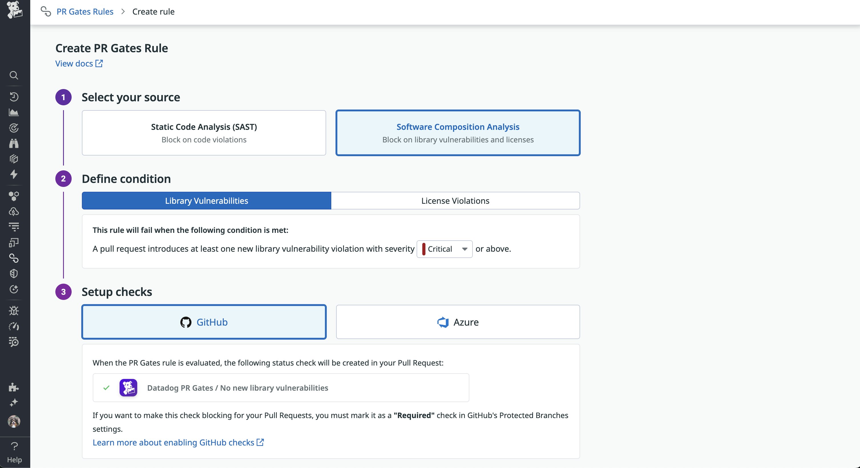 New PR gate shows configuration for blocking deployments with library vulnerabilities. New PR gate shows configuration for blocking deployments with library vulnerabilities.