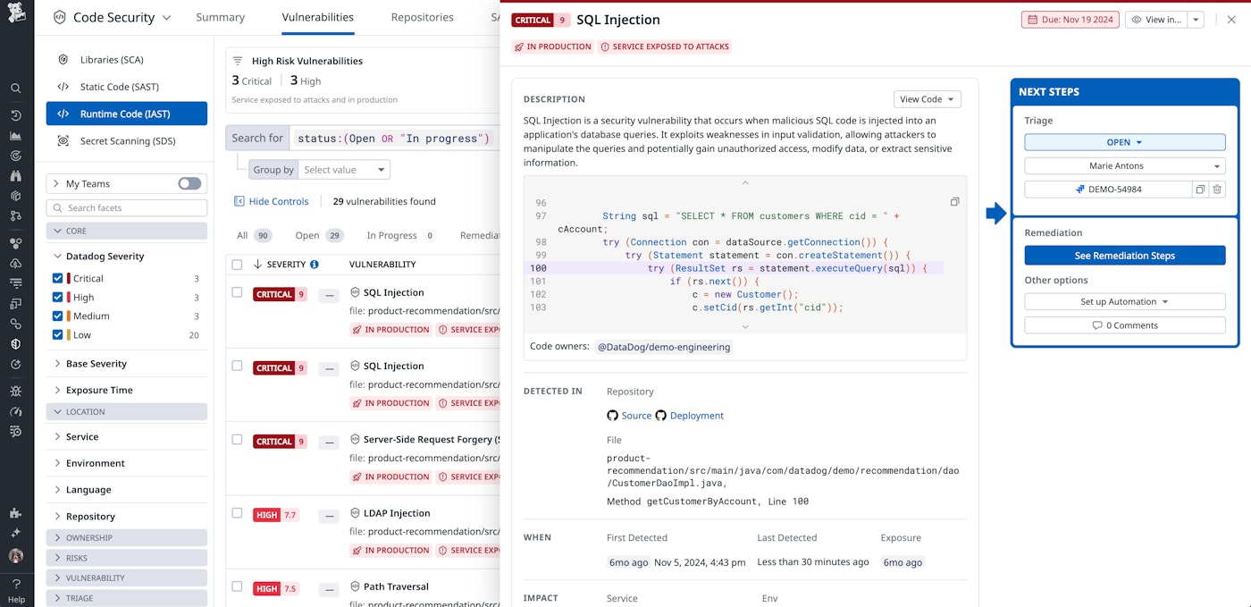Datadog Code Security highlights a high-risk SQL injection in production, complete with stack trace and resolution guidance. Datadog Code Security highlights a high-risk SQL injection in production, complete with stack trace and resolution guidance.