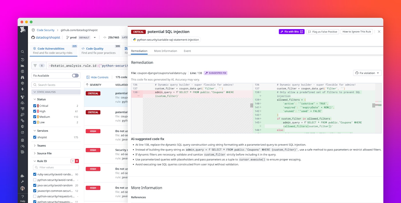 Protect the life cycle of your application code and libraries with Datadog Code Security Protect the life cycle of your application code and libraries with Datadog Code Security