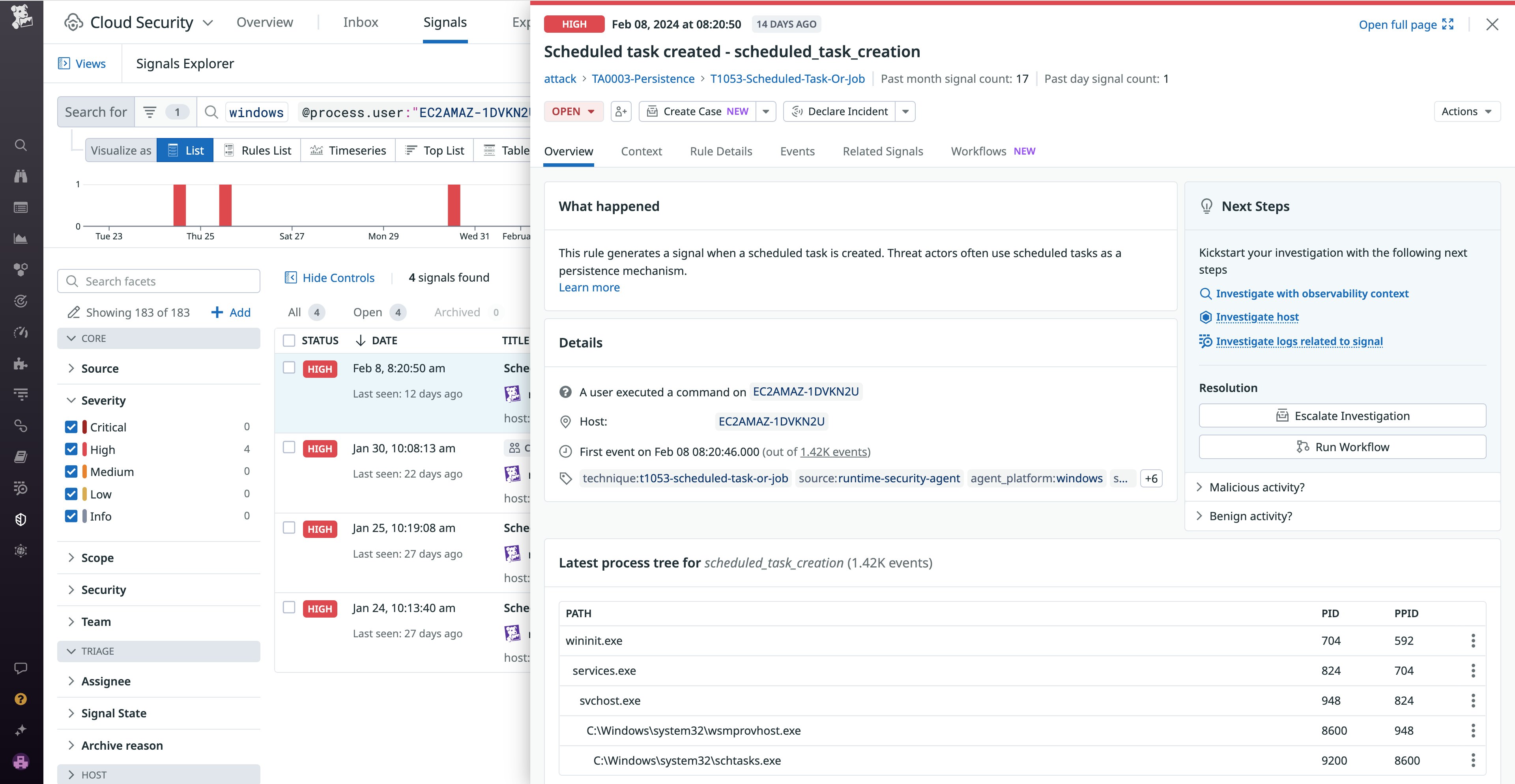 View  of a high-severity security signal that displays a suspicious scheduled task View  of a high-severity security signal that displays a suspicious scheduled task
