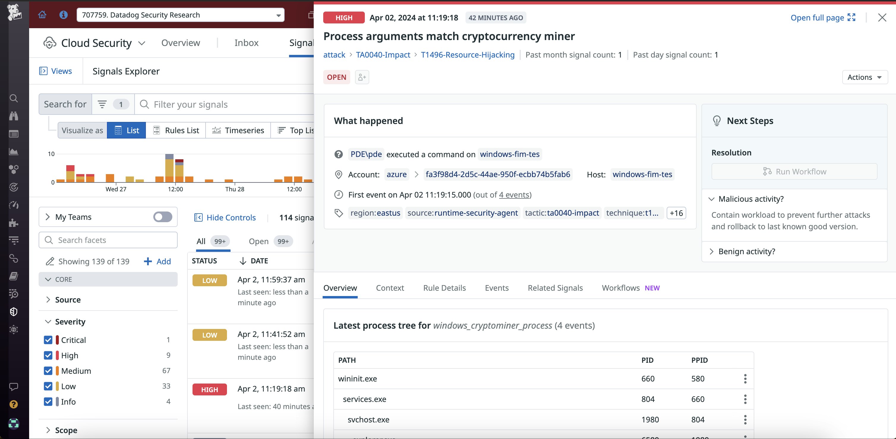 View of a high-severity security signal that displays process arguments that match a cryptocurrency miner View of a high-severity security signal that displays process arguments that match a cryptocurrency miner