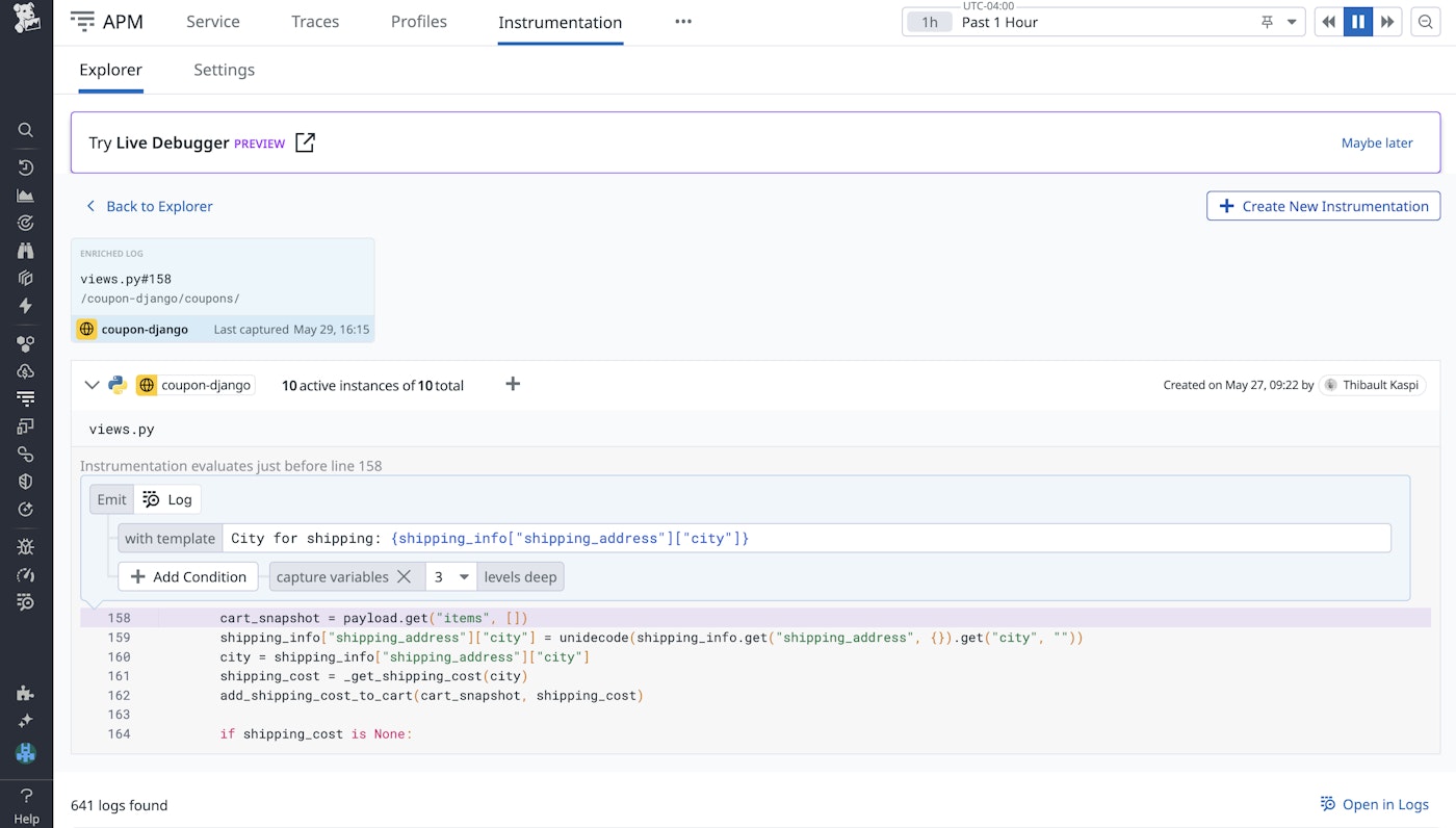 View your Live Debugging Session in the Datadog App for more granular context. View your Live Debugging Session in the Datadog App for more granular context.