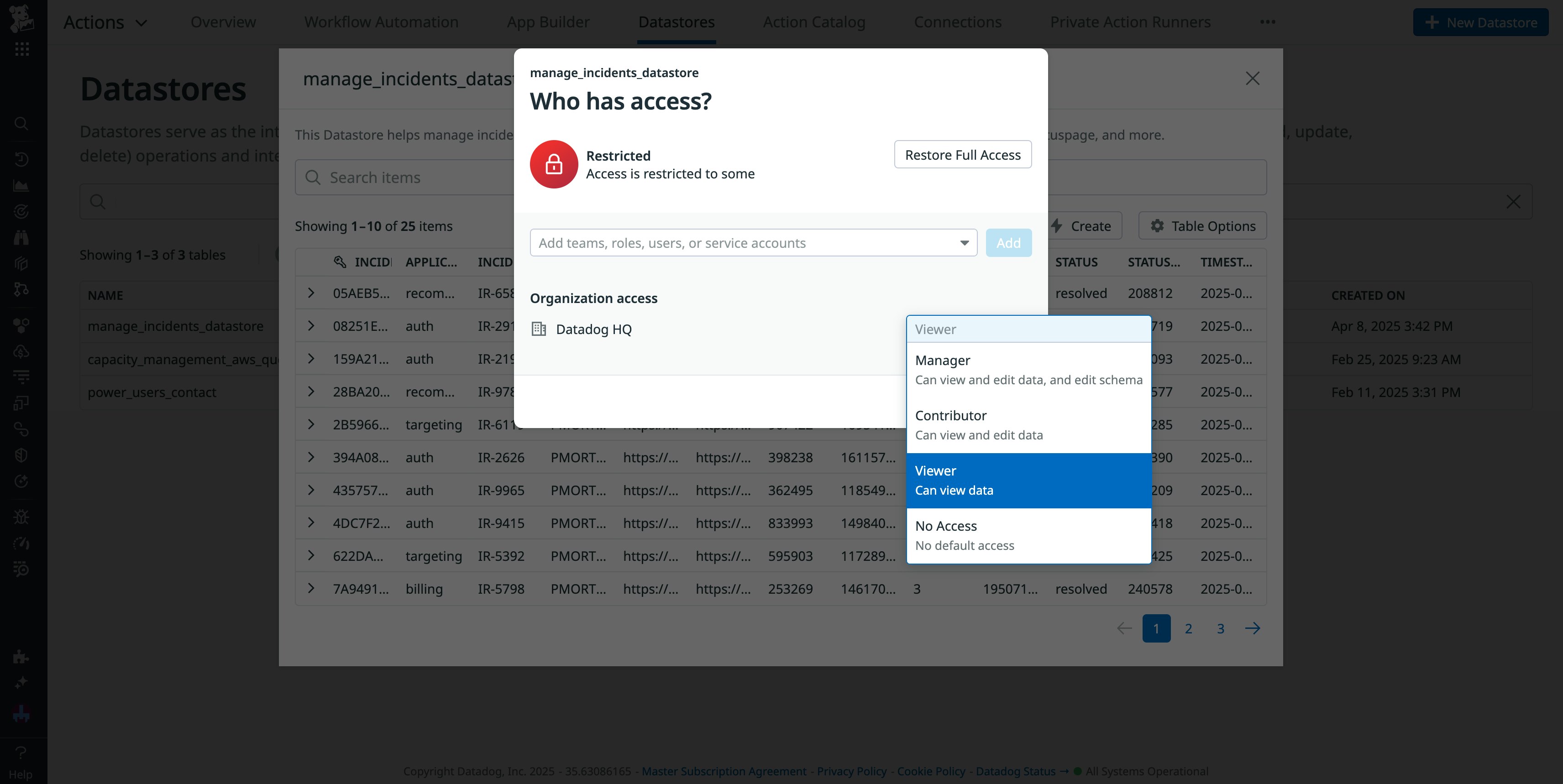 The permissions window for a Datastore table, with a drop-down menu displaying the different levels of access. The permissions window for a Datastore table, with a drop-down menu displaying the different levels of access.