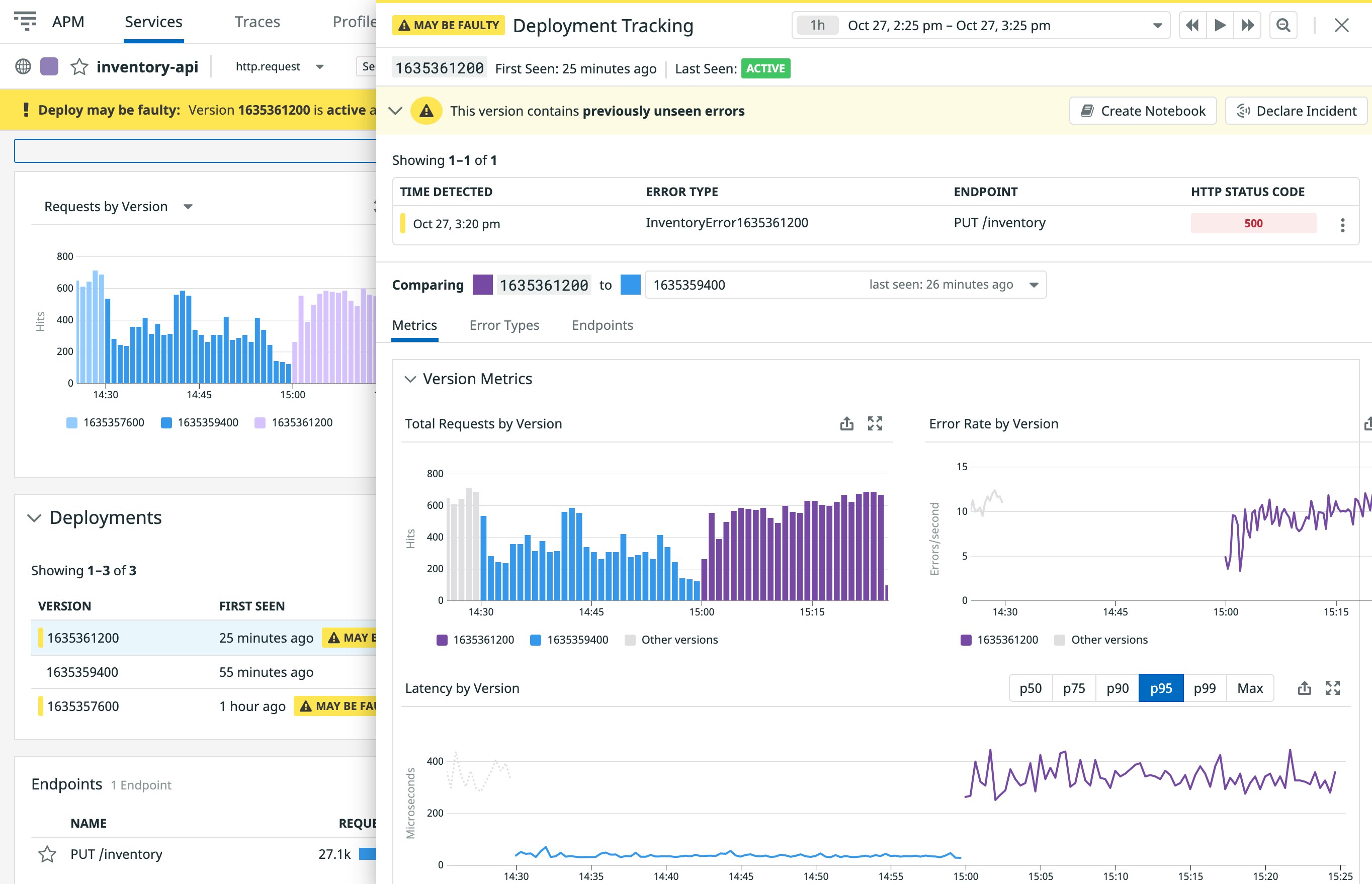 Datadog automatically flags faulty deployments. Datadog automatically flags faulty deployments.