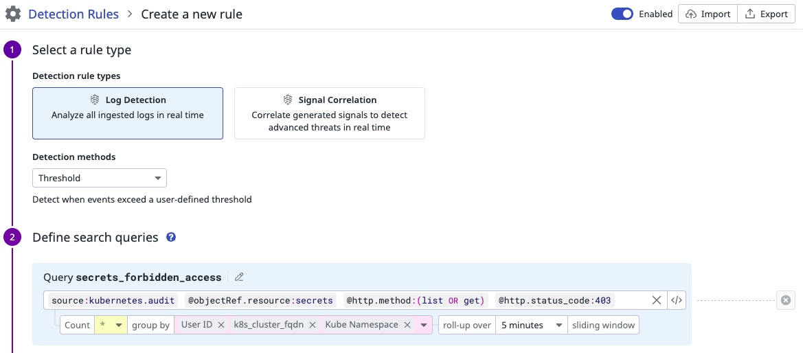 Detection rule creation step in Datadog Detection rule creation step in Datadog