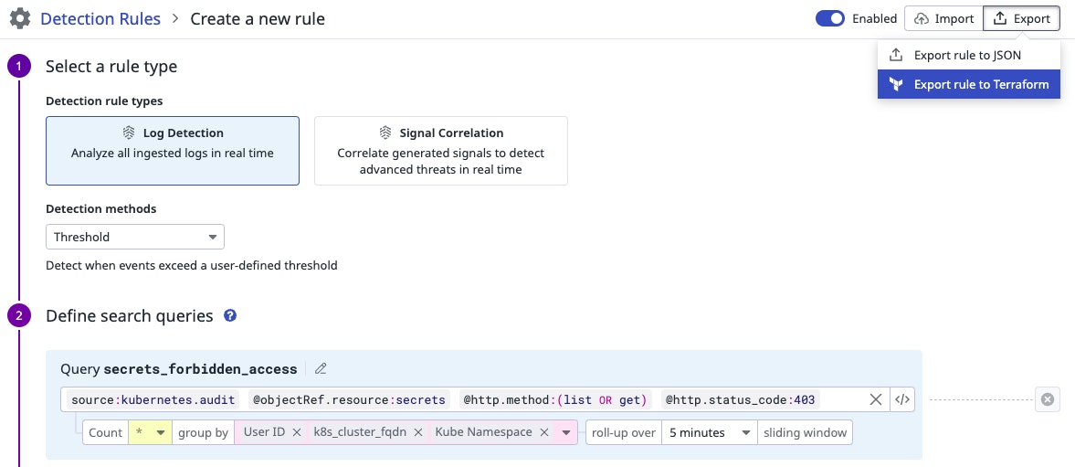 Export detection rule from Datadog as a Terraform file Export detection rule from Datadog as a Terraform file