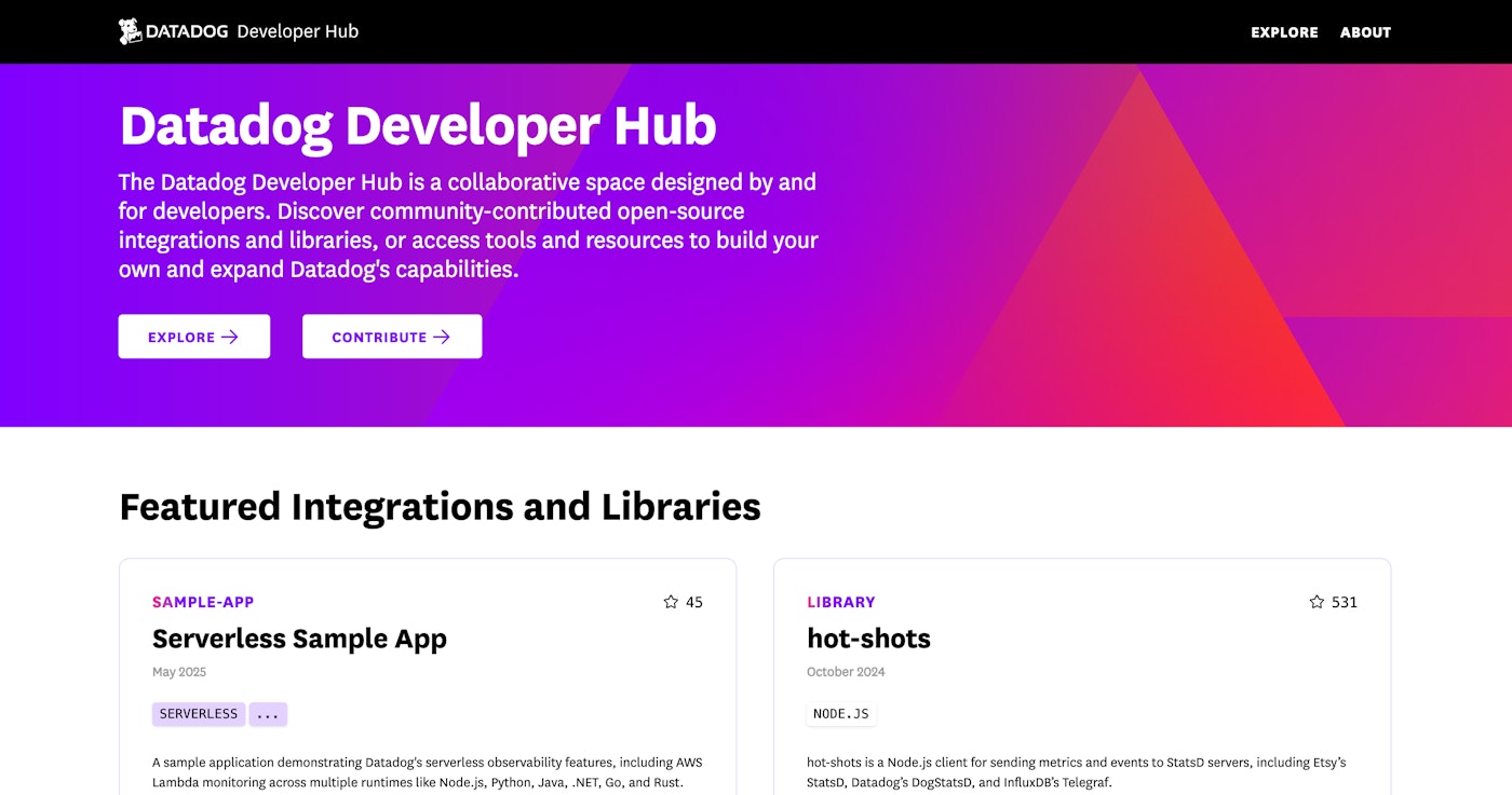 Datadog Developer Hub homepage with featured integrations, including Serverless Sample App and hot-shots for Node.js. Datadog Developer Hub homepage with featured integrations, including Serverless Sample App and hot-shots for Node.js.