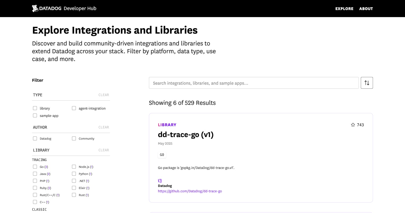 Datadog Developer Hub page showing filtered integrations, highlighting the dd-trace-go (v1) library for Go. Datadog Developer Hub page showing filtered integrations, highlighting the dd-trace-go (v1) library for Go.