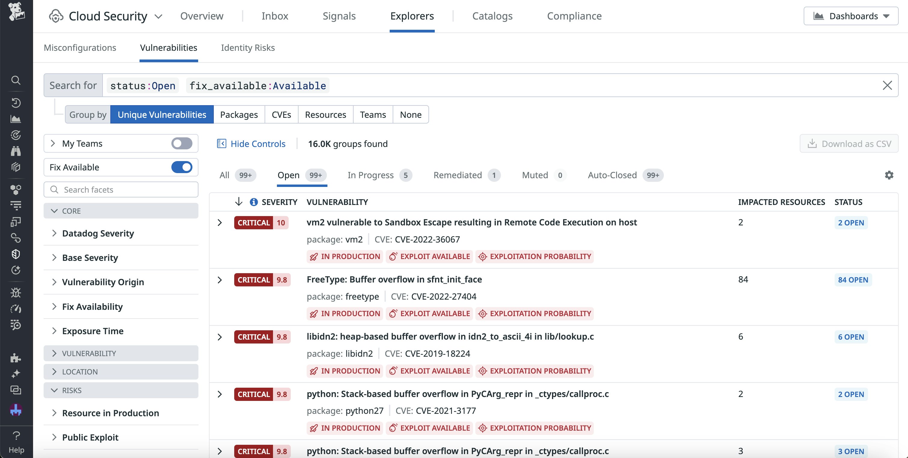 A list of vulnerabilities in the Cloud Security Vulnerability Explorer. A list of vulnerabilities in the Cloud Security Vulnerability Explorer.