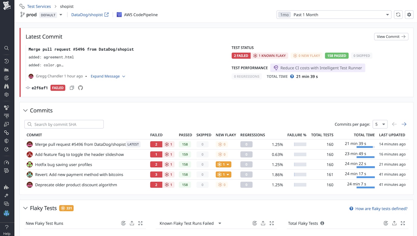 Datadog highlights new flaky tests in your service page. Datadog highlights new flaky tests in your service page.