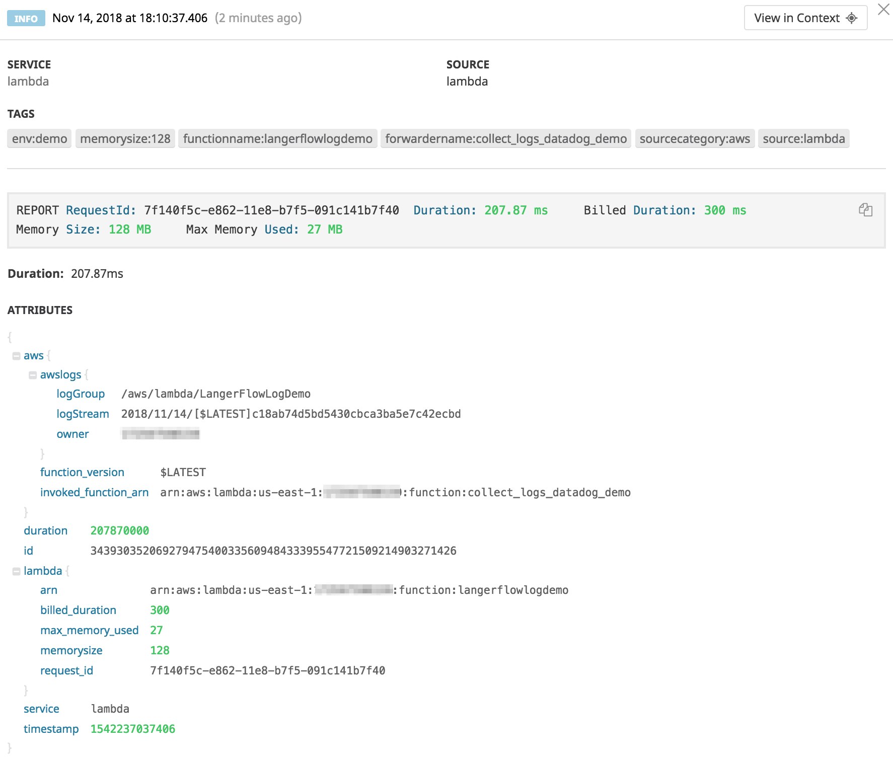 Logs from an AWS Lambda function as displayed by Datadog log management Logs from an AWS Lambda function as displayed by Datadog log management