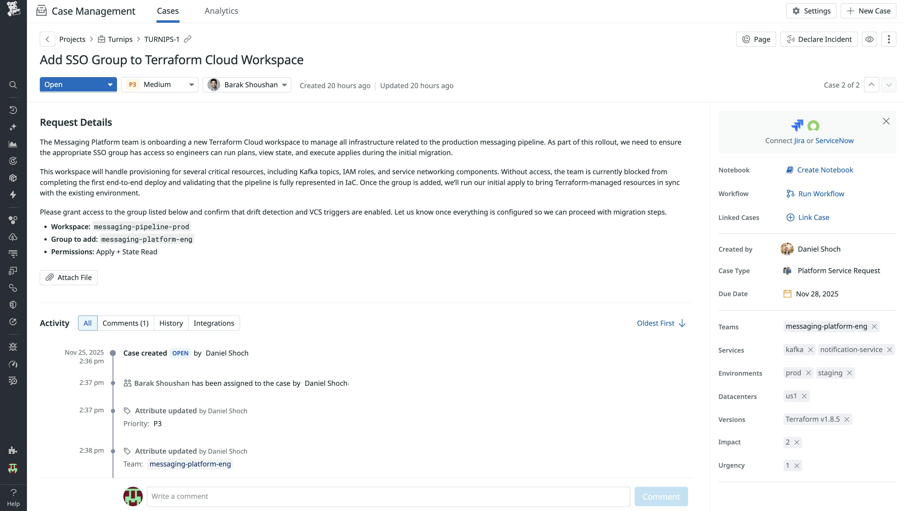 A screenshot of a case created in Case Management from the submission of a service request form. A screenshot of a case created in Case Management from the submission of a service request form.