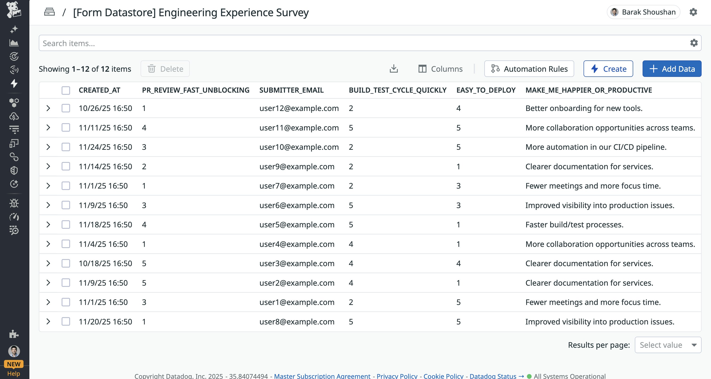A screenshot of a list of responses from an engineering survey. A screenshot of a list of responses from an engineering survey.