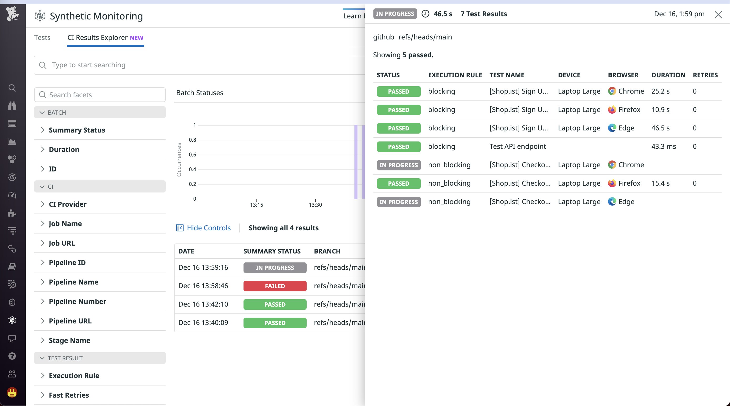 Synthetic test results automatically populate within the CI Results Explorer Synthetic test results automatically populate within the CI Results Explorer