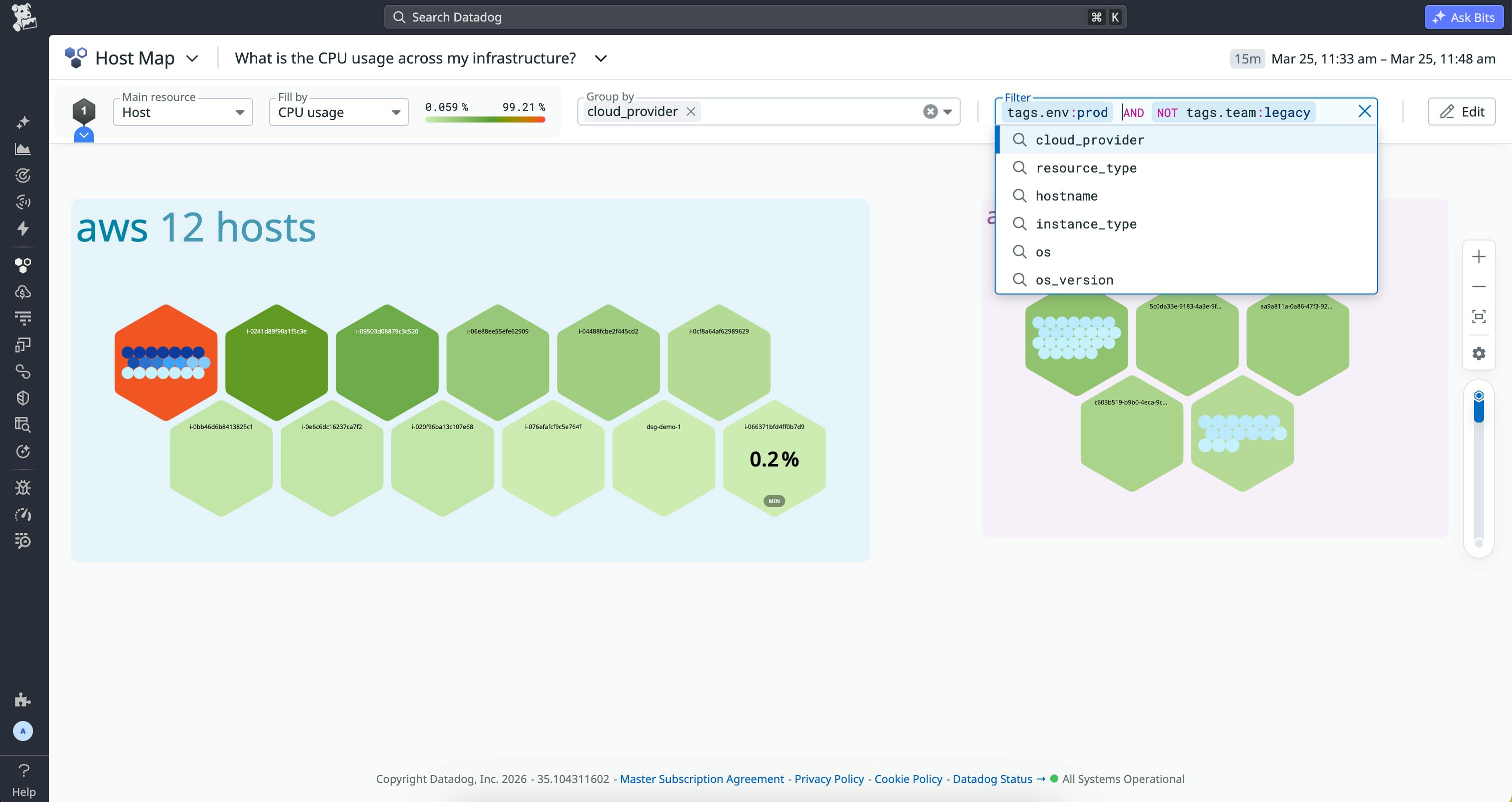 Expanded search bar in the Host Map showing logical operators and autocomplete suggestions.