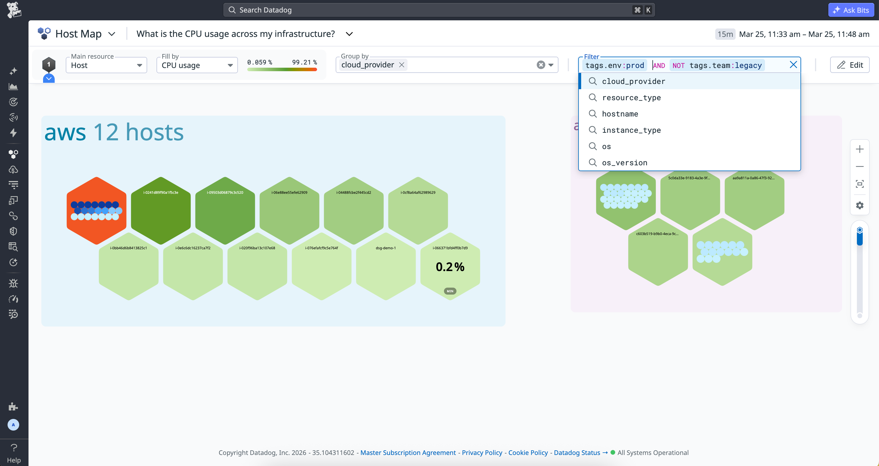 Expanded search bar in the Host Map showing logical operators and autocomplete suggestions. Expanded search bar in the Host Map showing logical operators and autocomplete suggestions.