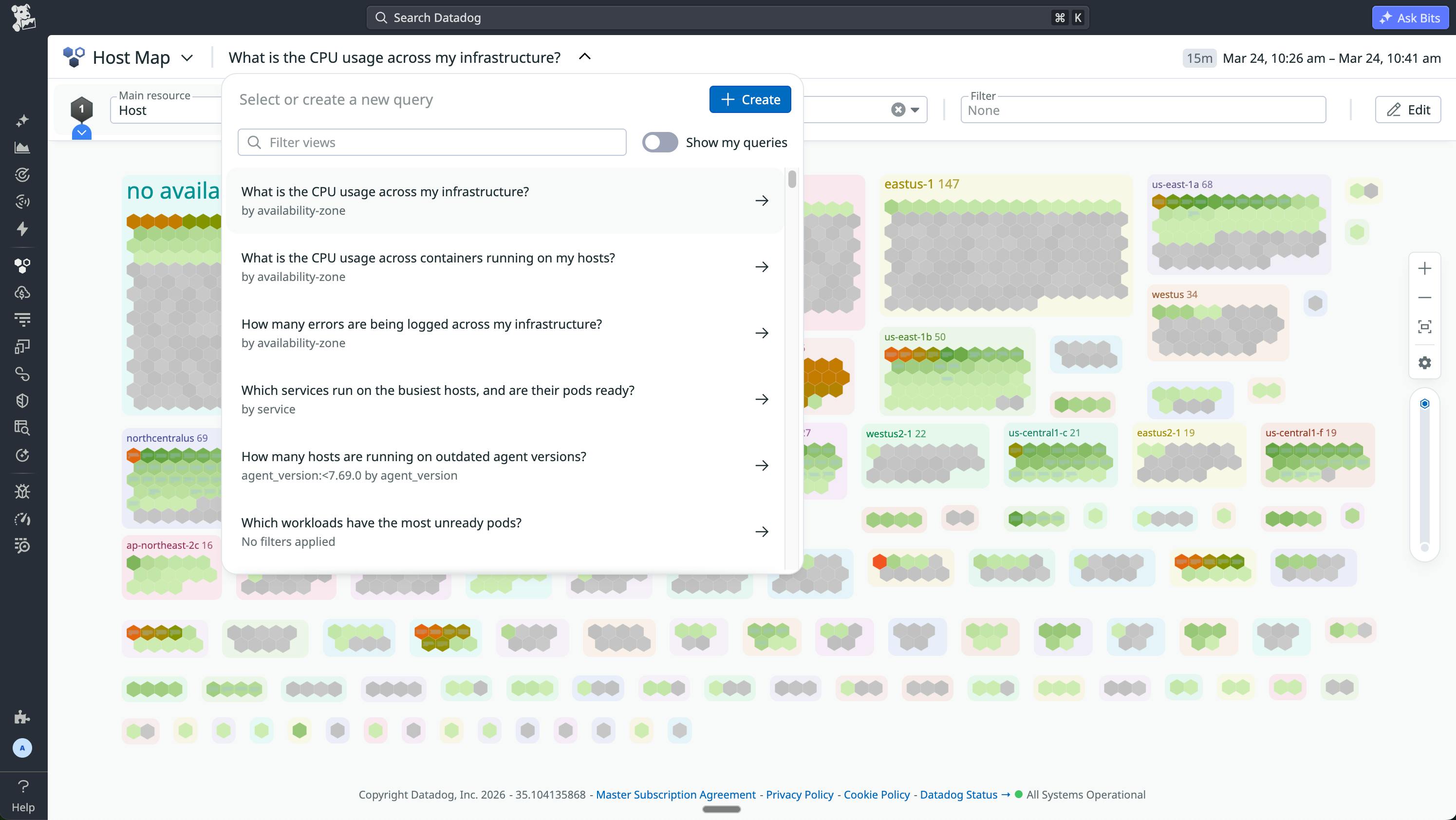 Suggested queries appear in a dropdown, enabling the user to choose one to highlight useful views that help with troubleshooting.