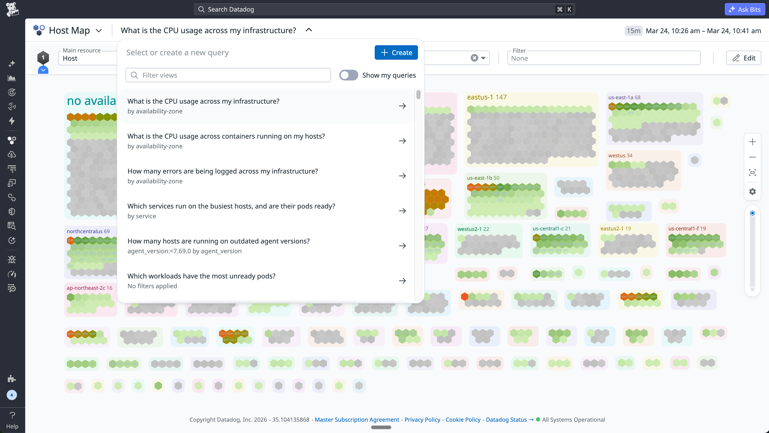 Suggested queries appear in a dropdown, enabling the user to choose one to highlight useful views that help with troubleshooting. Suggested queries appear in a dropdown, enabling the user to choose one to highlight useful views that help with troubleshooting.